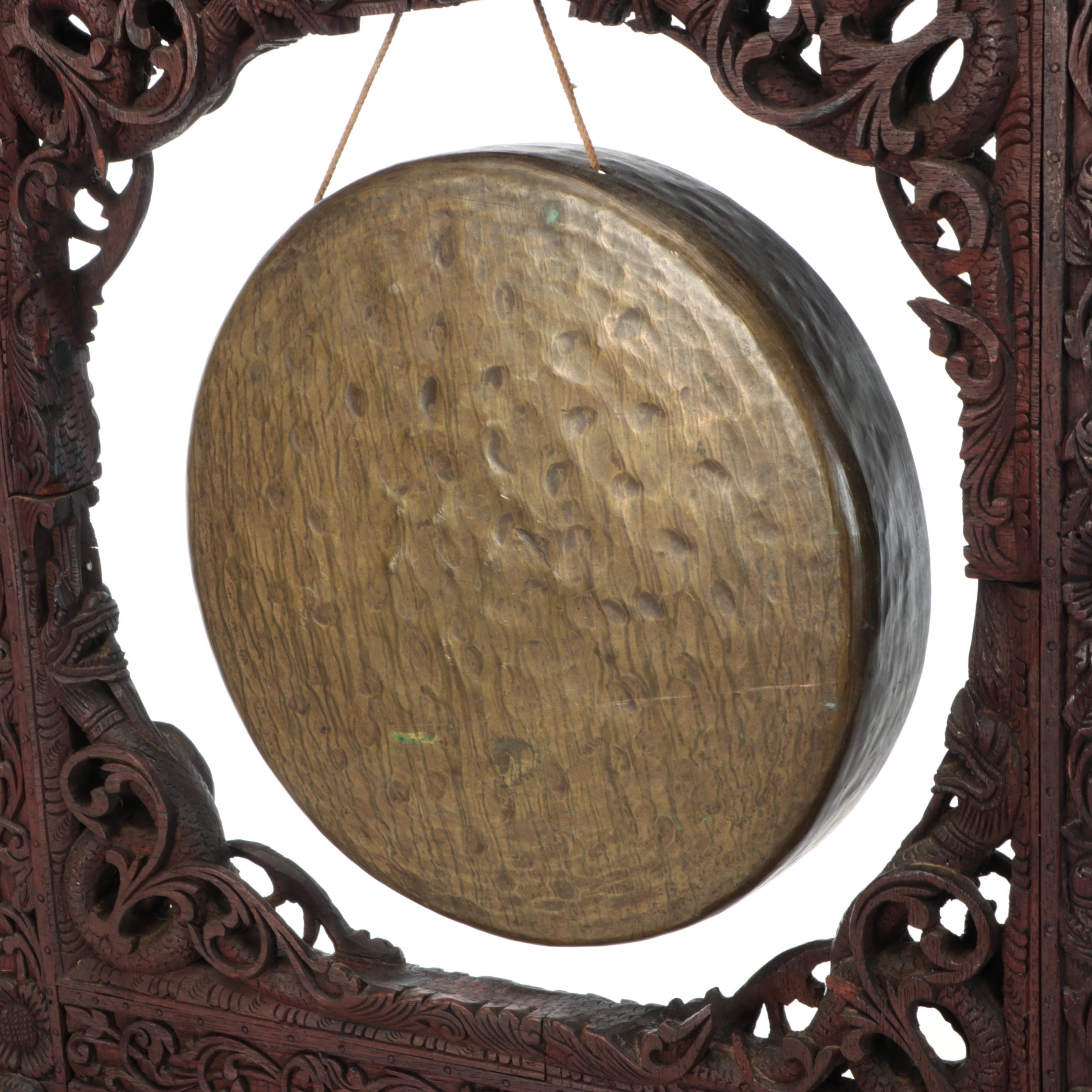 Burmese Style Ornate Wooden Hand-Carved Standing Gong with Brass Disc, Mallet