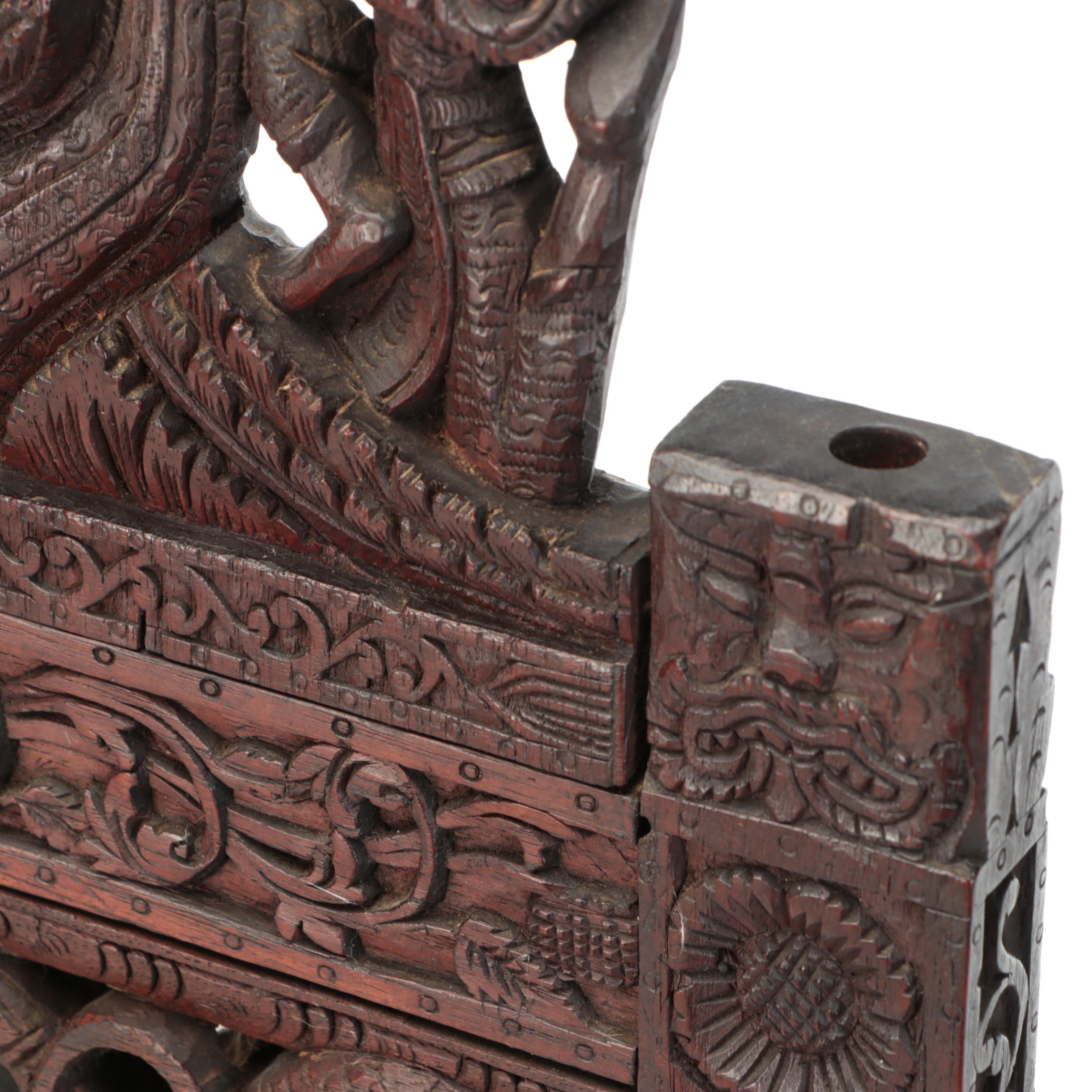 Burmese Style Ornate Wooden Hand-Carved Standing Gong with Brass Disc, Mallet