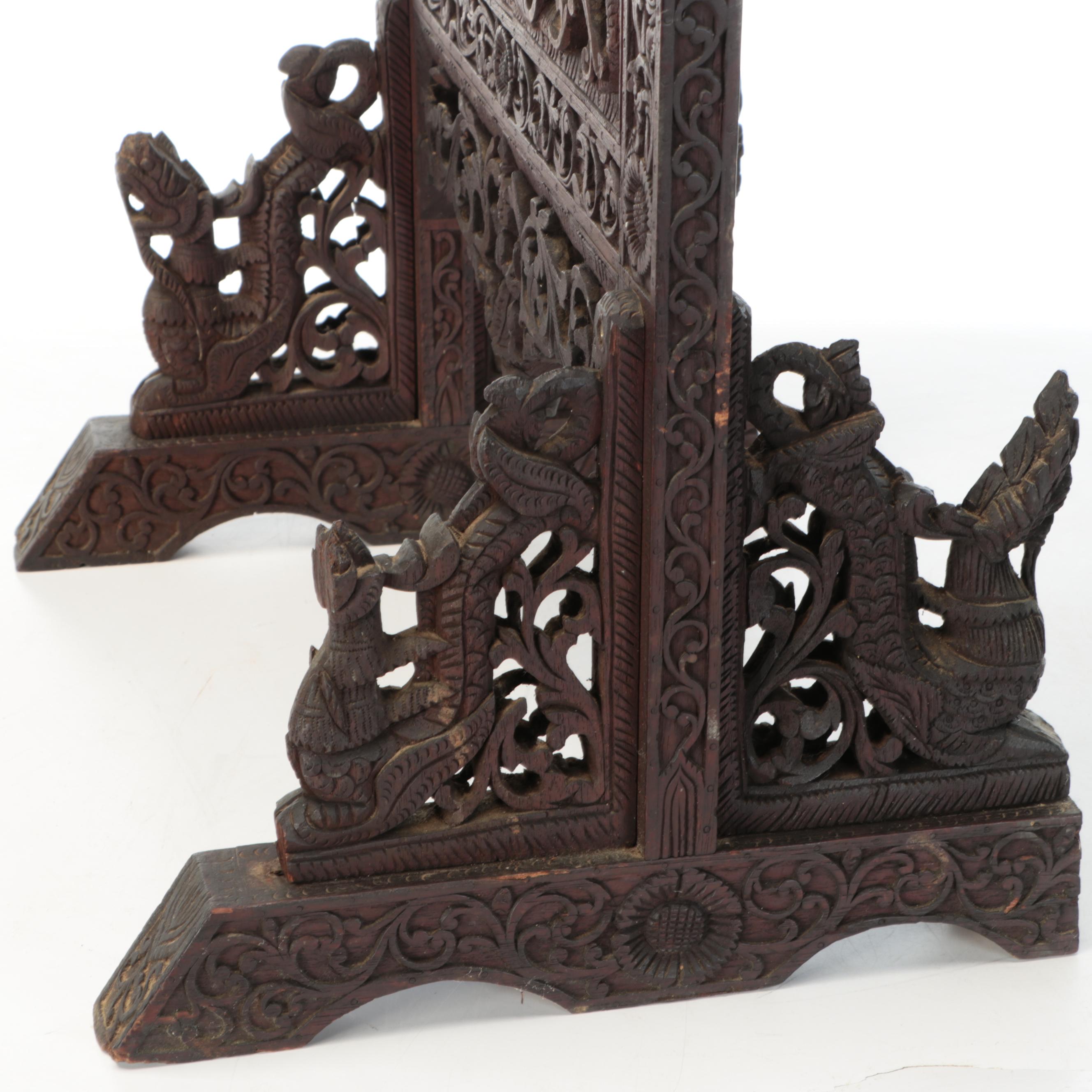 Burmese Style Ornate Wooden Hand-Carved Standing Gong with Brass Disc, Mallet