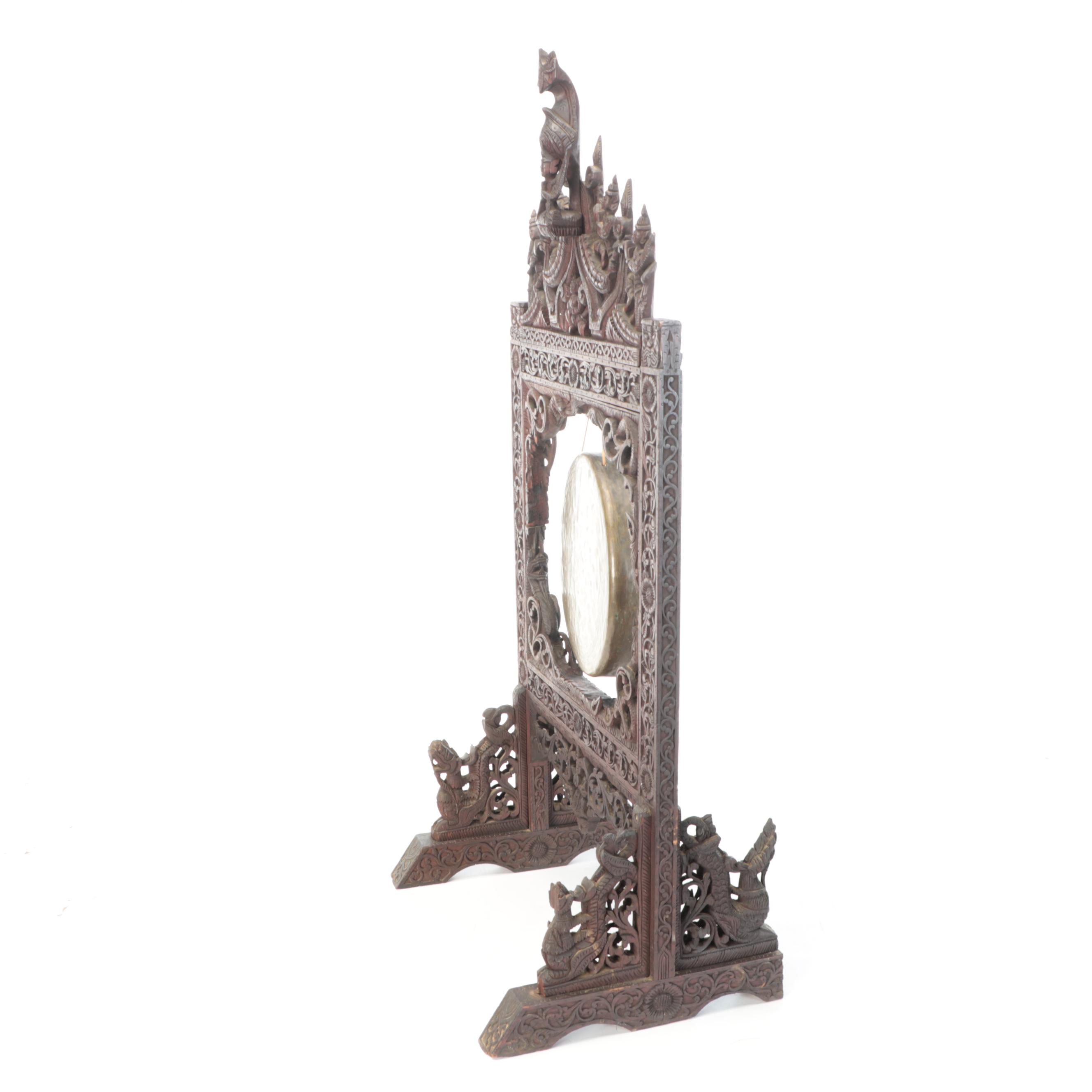 Burmese Style Ornate Wooden Hand-Carved Standing Gong with Brass Disc, Mallet