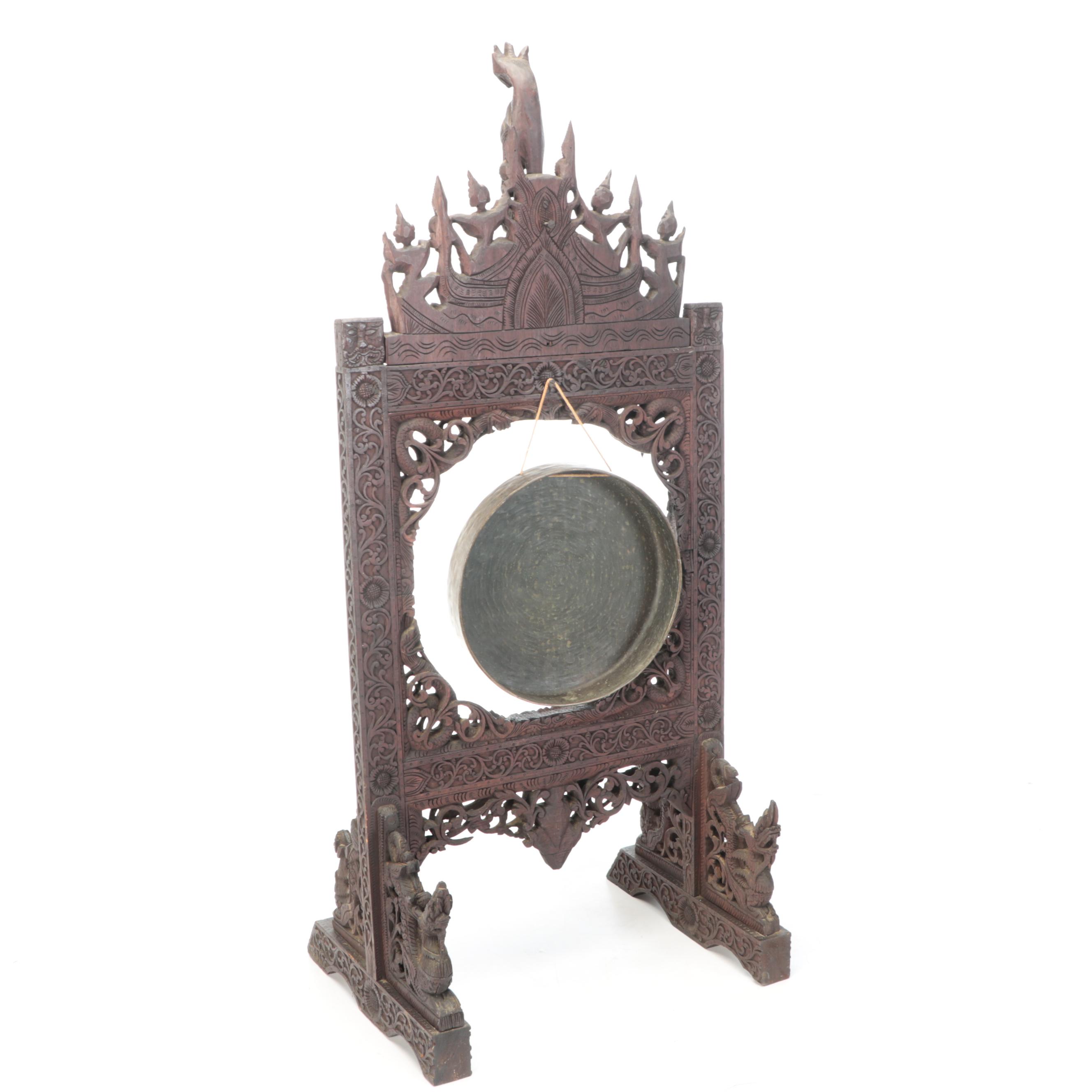 Burmese Style Ornate Wooden Hand-Carved Standing Gong with Brass Disc, Mallet