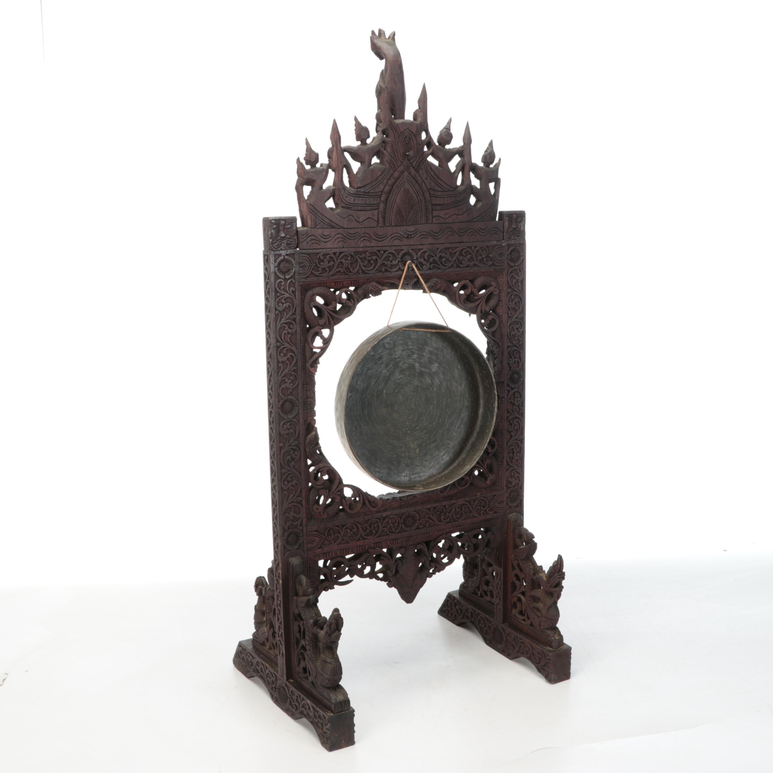 Burmese Style Ornate Wooden Hand-Carved Standing Gong with Brass Disc, Mallet