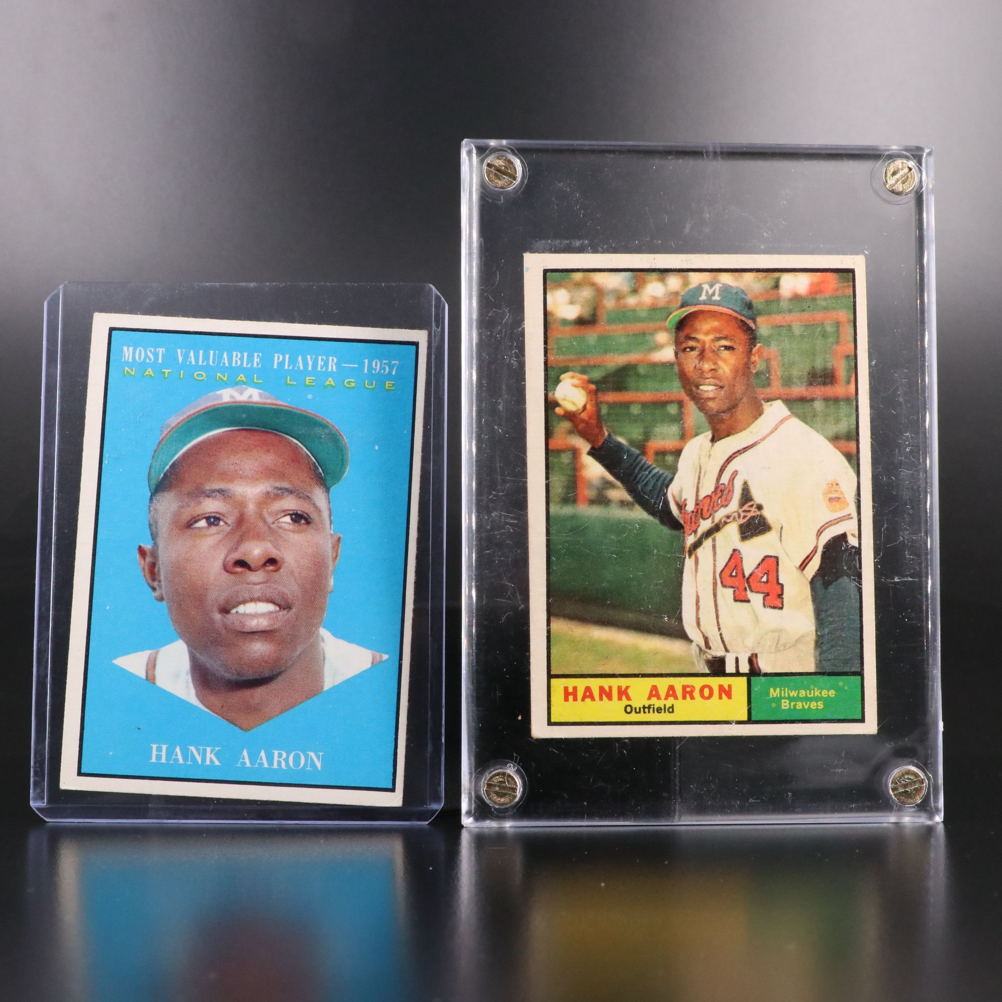 1961 Topps Hank Aaron Milwaukee Braves and MVP Baseball Cards