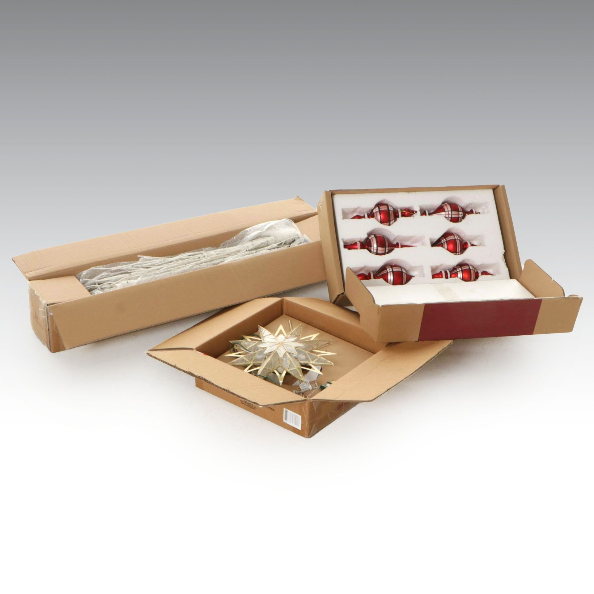 Balsam Hill Starburst Tree Topper, Nordic Plaid Ornaments & Lit Birch Tree Grove