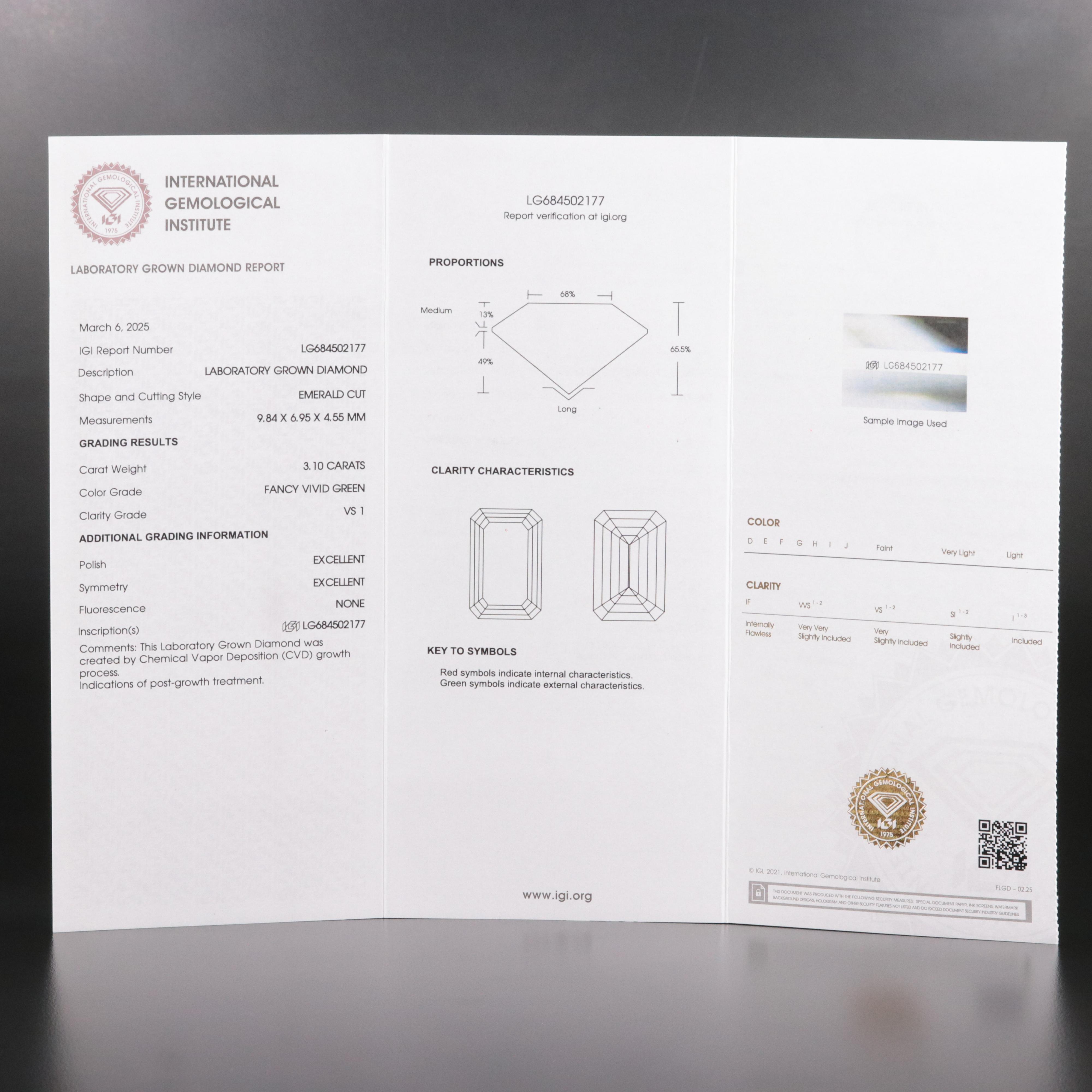 Loose 3.10 CT Lab Grown Fancy Green Diamond with IGI Report