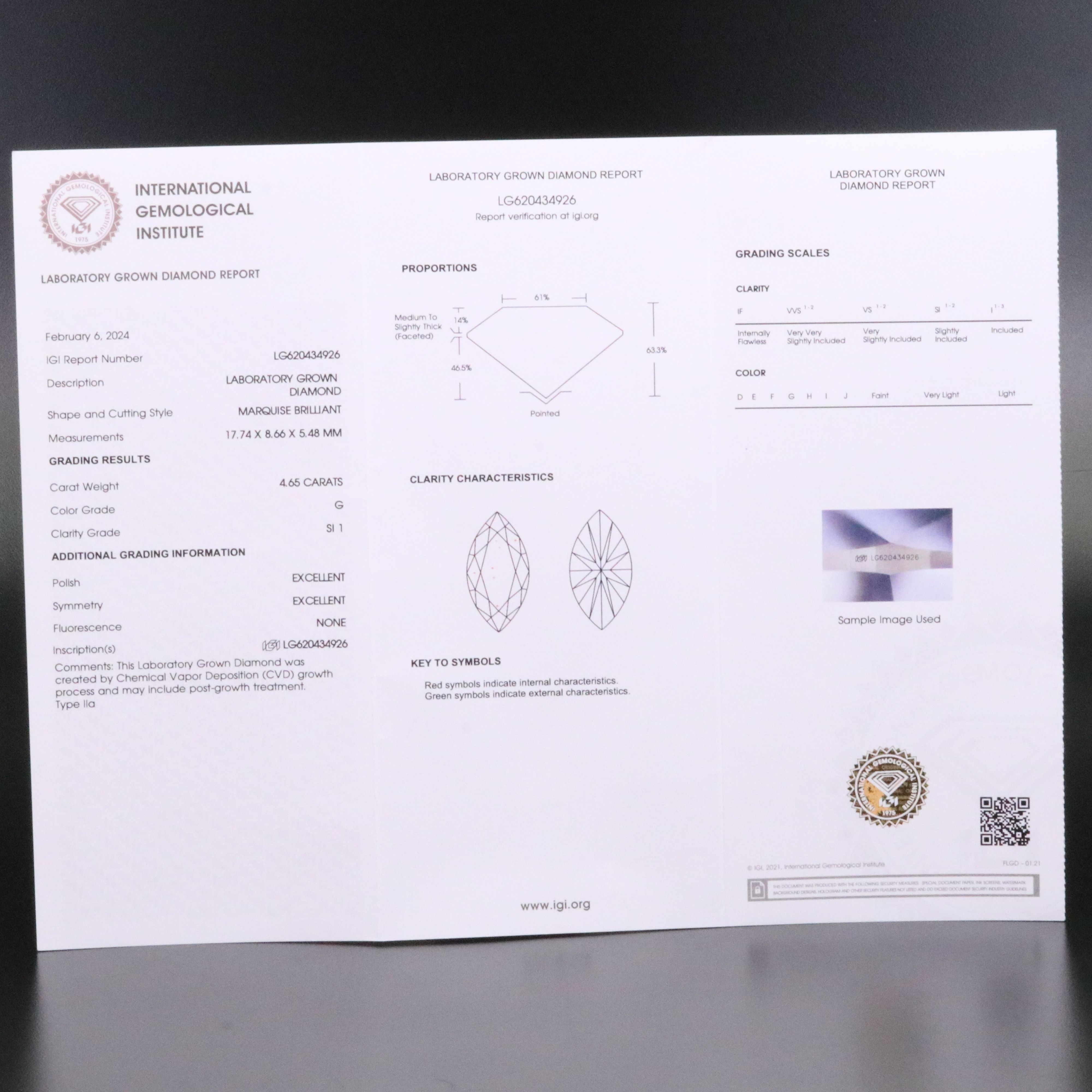Loose 4.65 CT Lab Grown Diamond with IGI Report