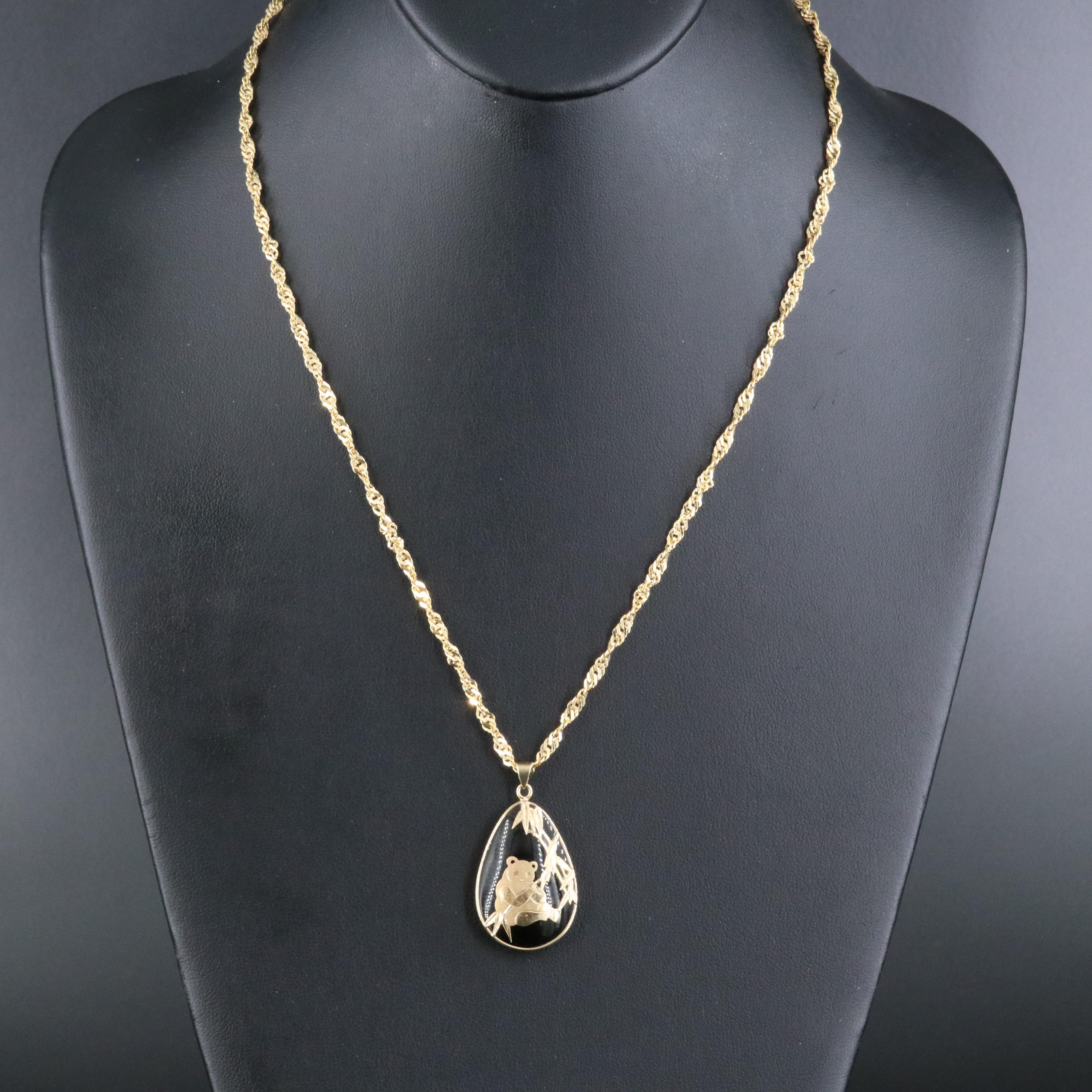 14K Gem Panda Smoky Quartz Pendant with Rope Chain Necklace