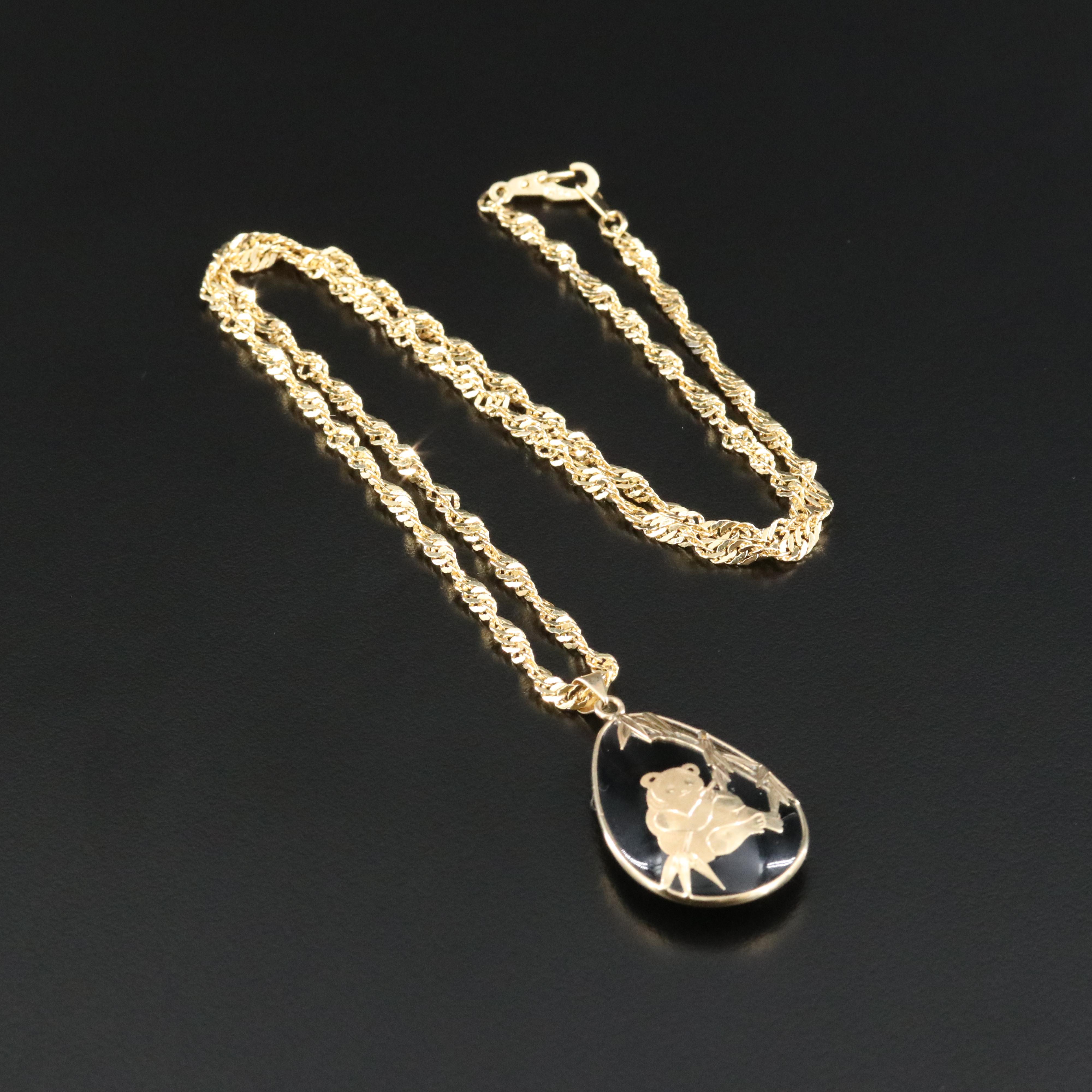 14K Gem Panda Smoky Quartz Pendant with Rope Chain Necklace