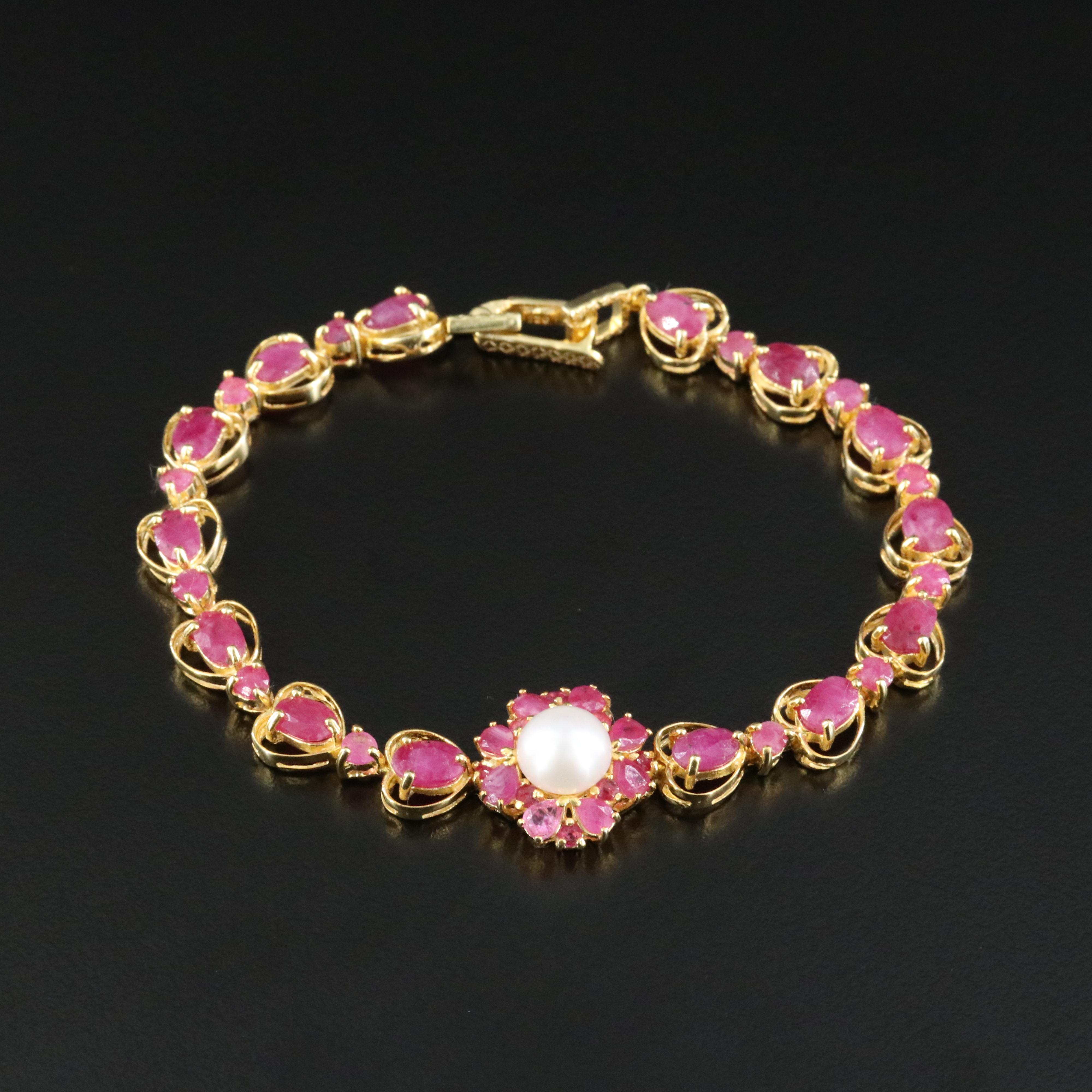 Sterling Ruby and Pearl Flower Line Bracelet