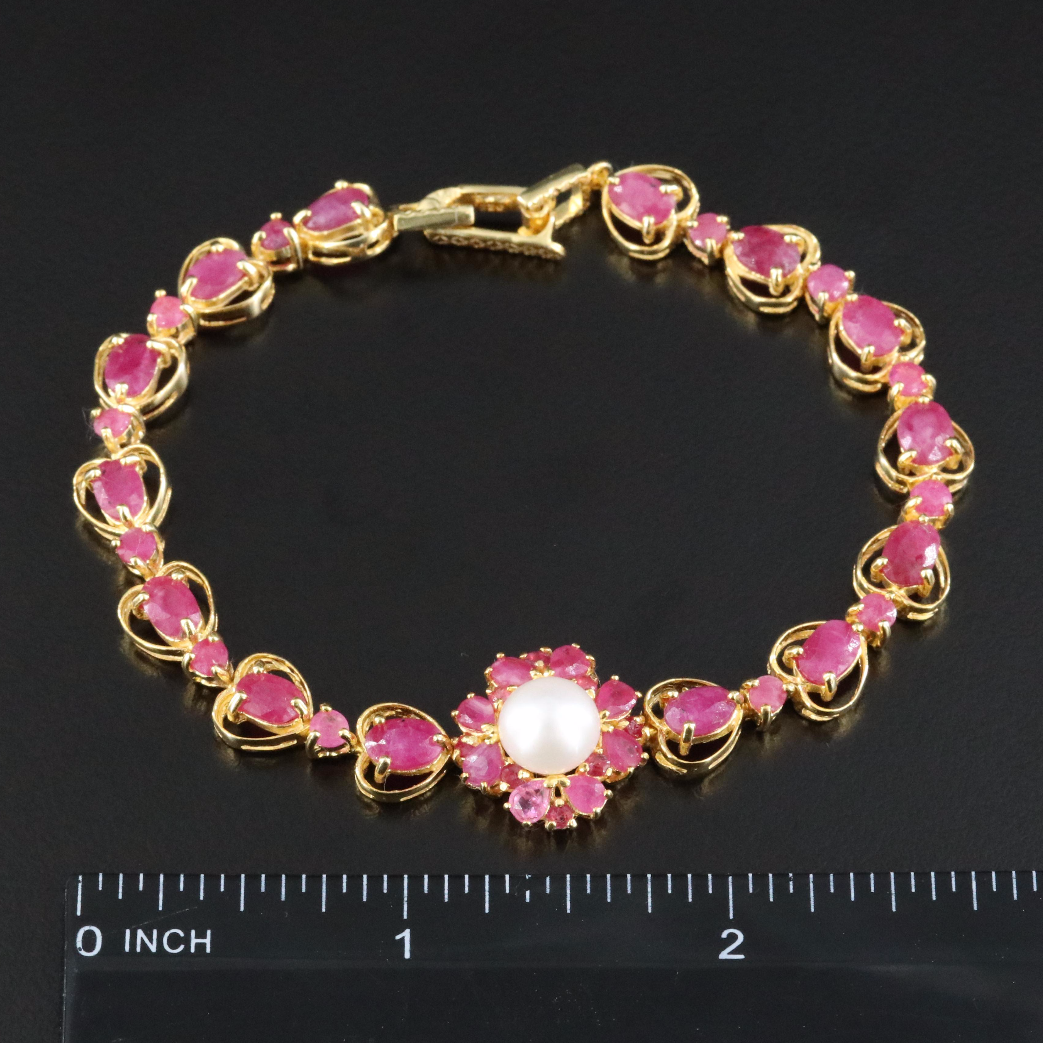 Sterling Ruby and Pearl Flower Line Bracelet
