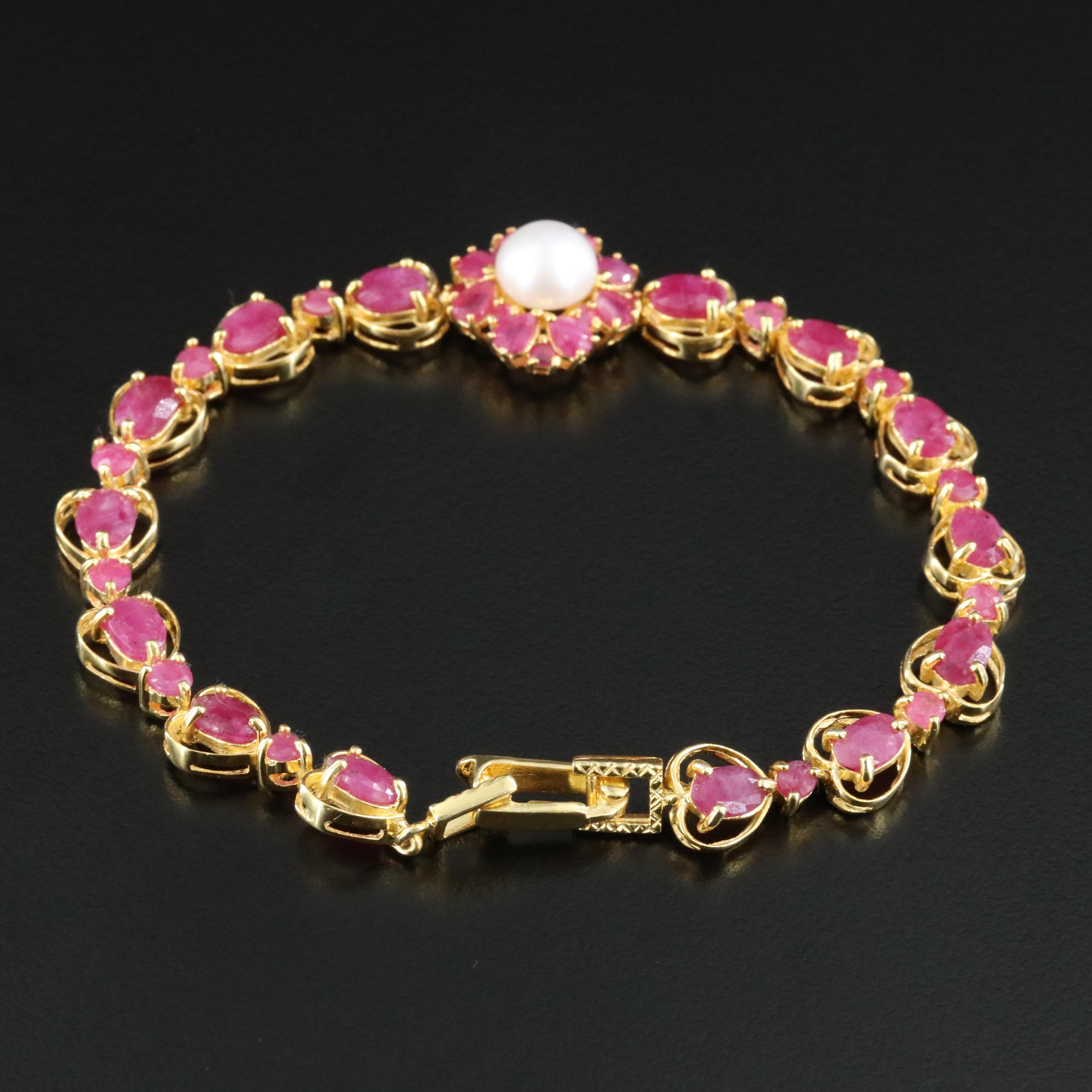 Sterling Ruby and Pearl Flower Line Bracelet