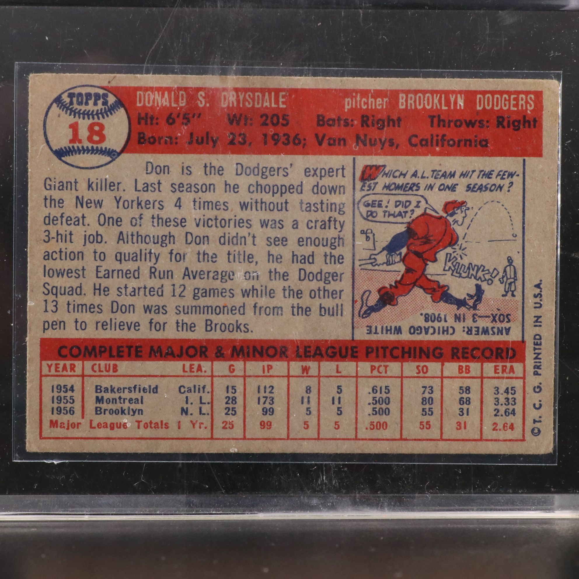 1957 Topps Don Drysdale Brooklyn Dodgers Rookie Baseball Card