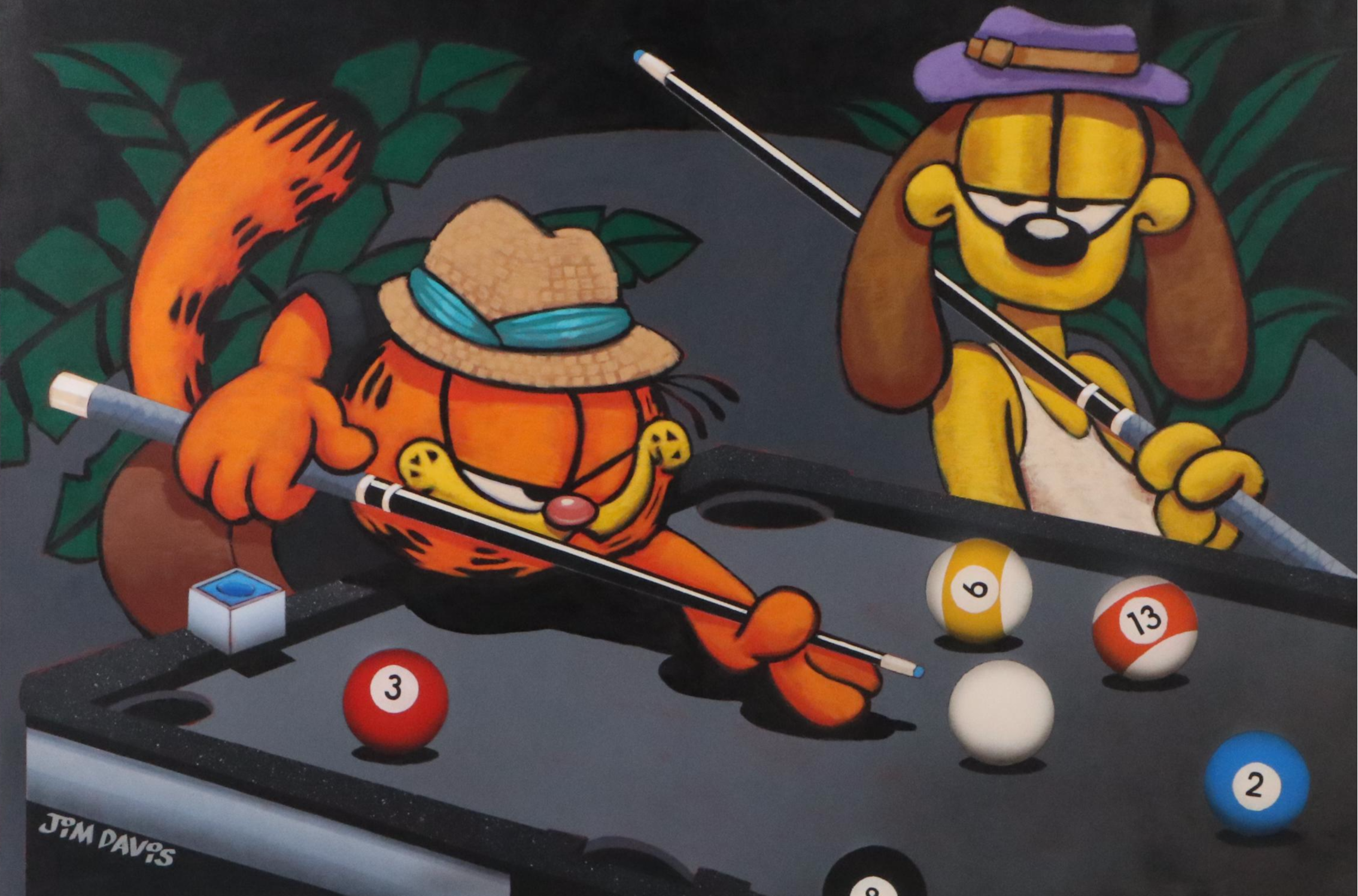 Jim Davis Oil Painting of Garfield and Odie Playing Pool, 2003