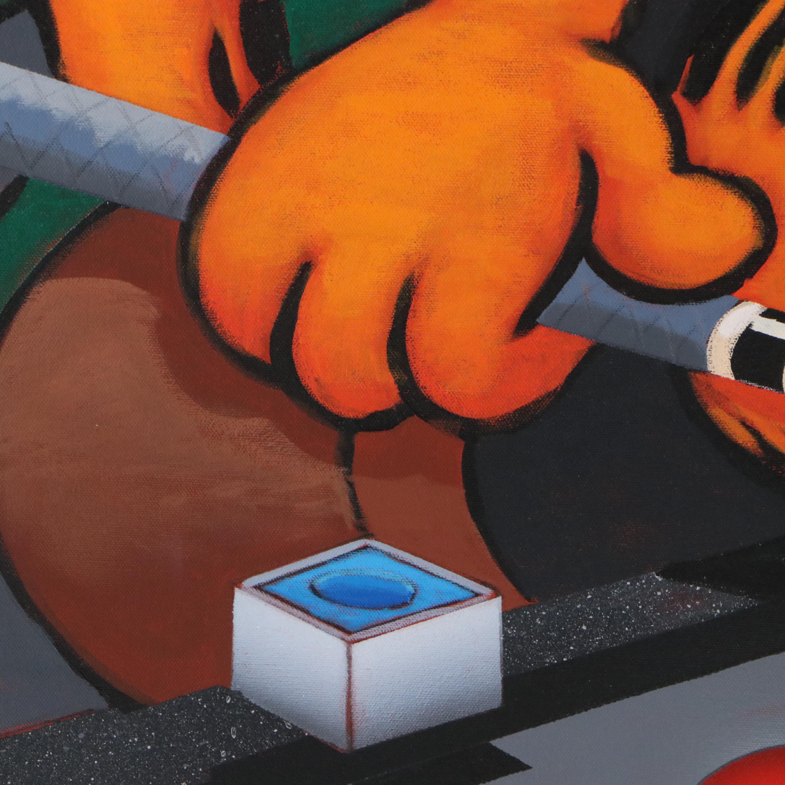 Jim Davis Oil Painting of Garfield and Odie Playing Pool, 2003