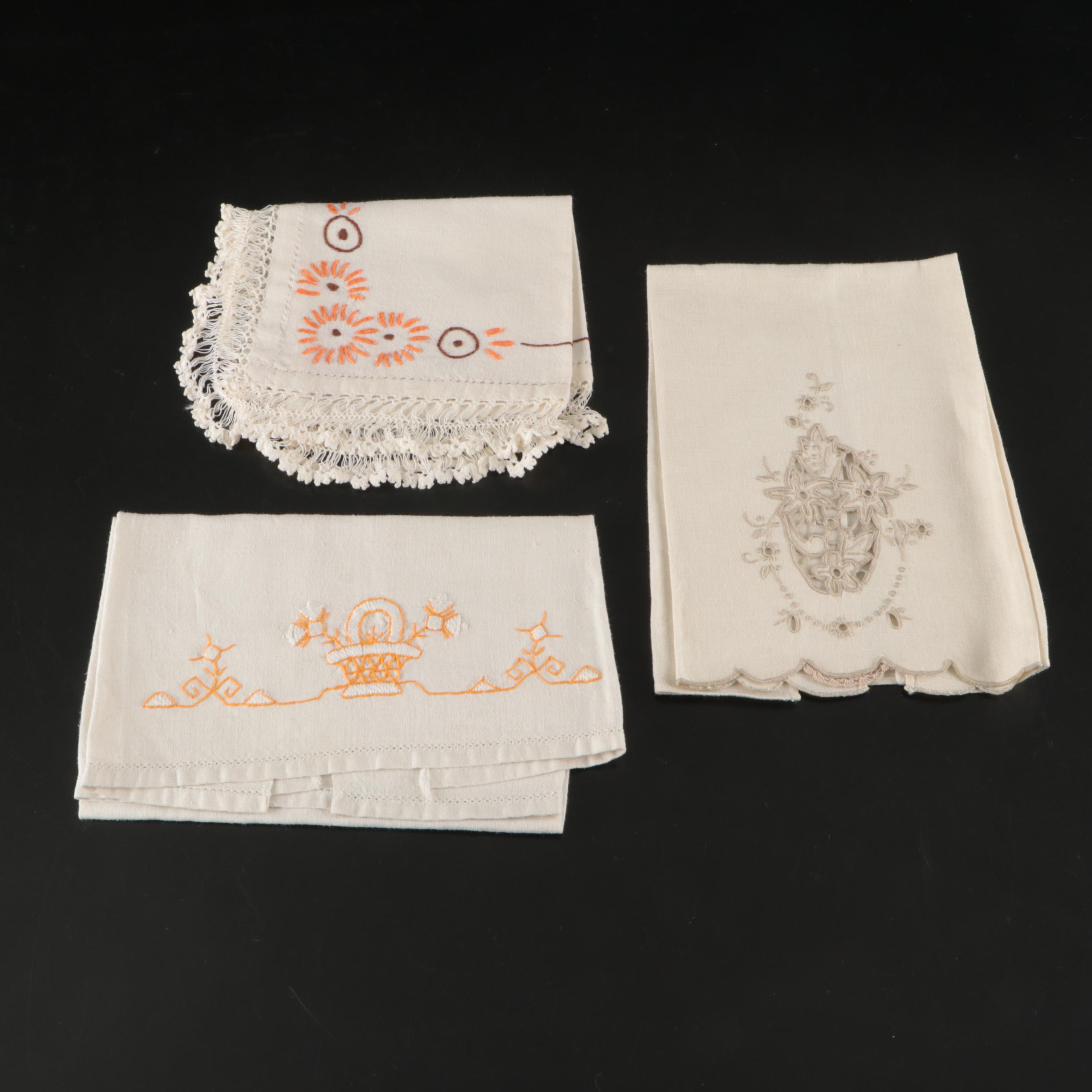 Hand-Embroidered Table Linens with Heart-Shaped Doily and More Vintage Lace
