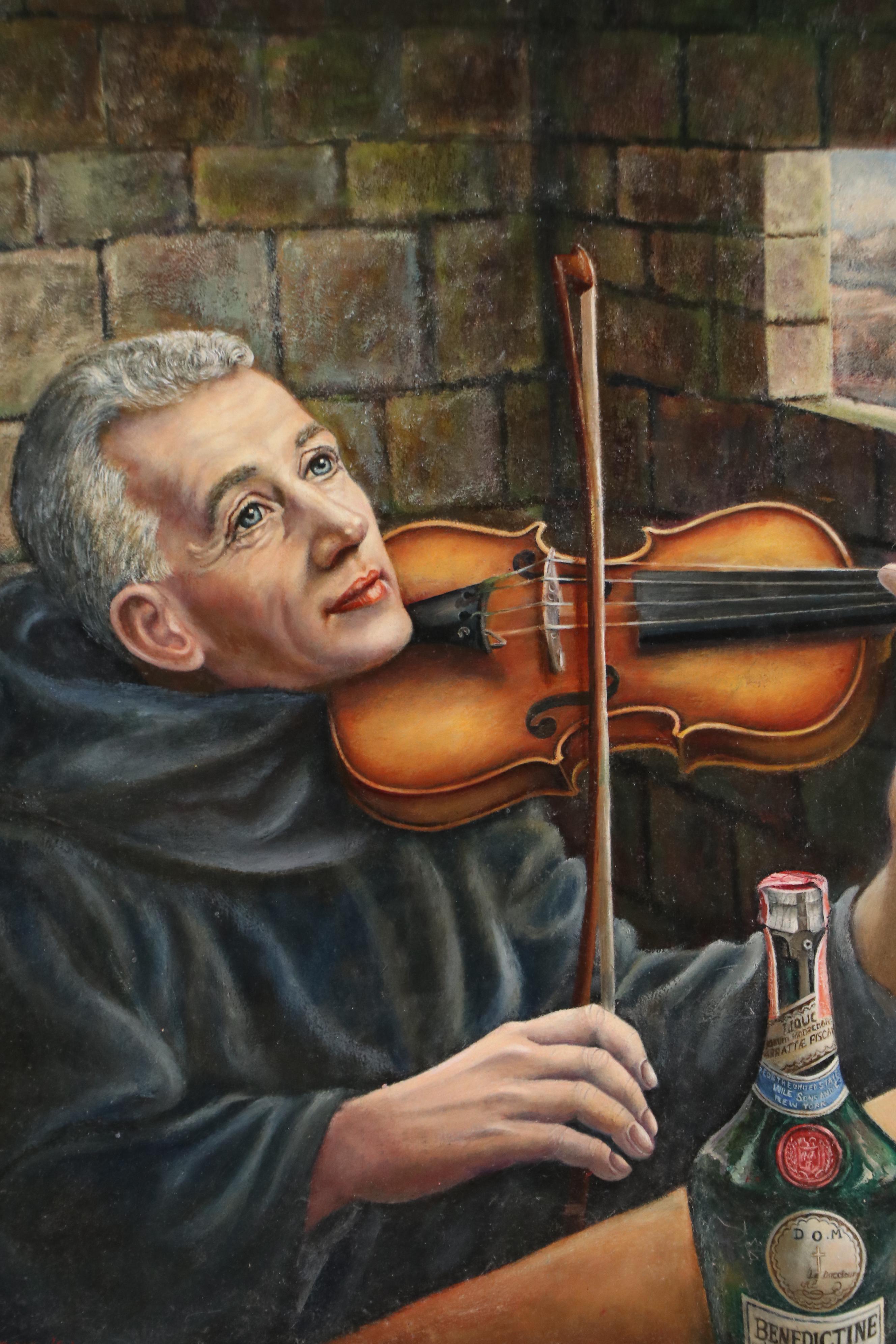 A. Cairns Oil Portrait Painting of Monk Playing Violin, 1963