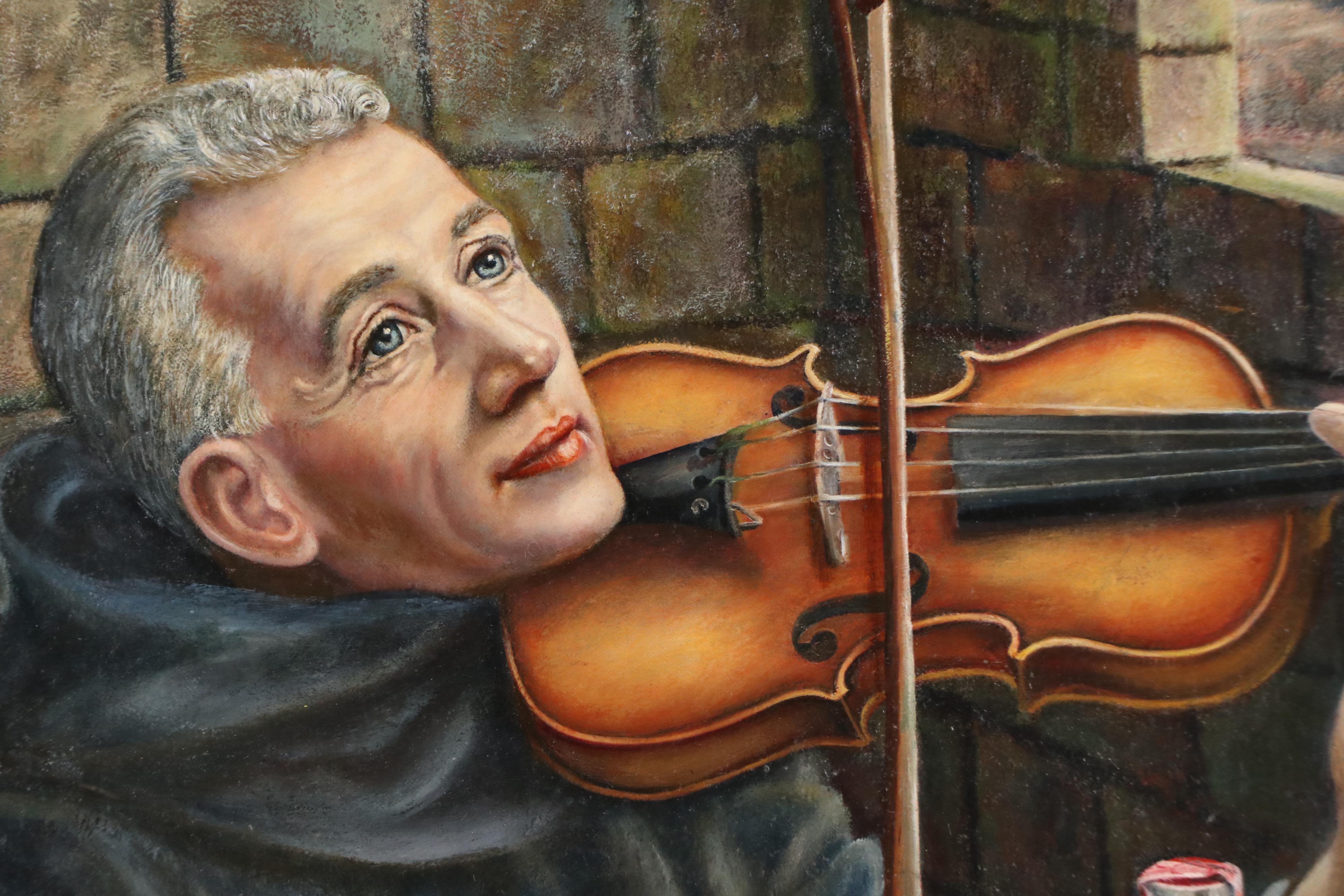 A. Cairns Oil Portrait Painting of Monk Playing Violin, 1963