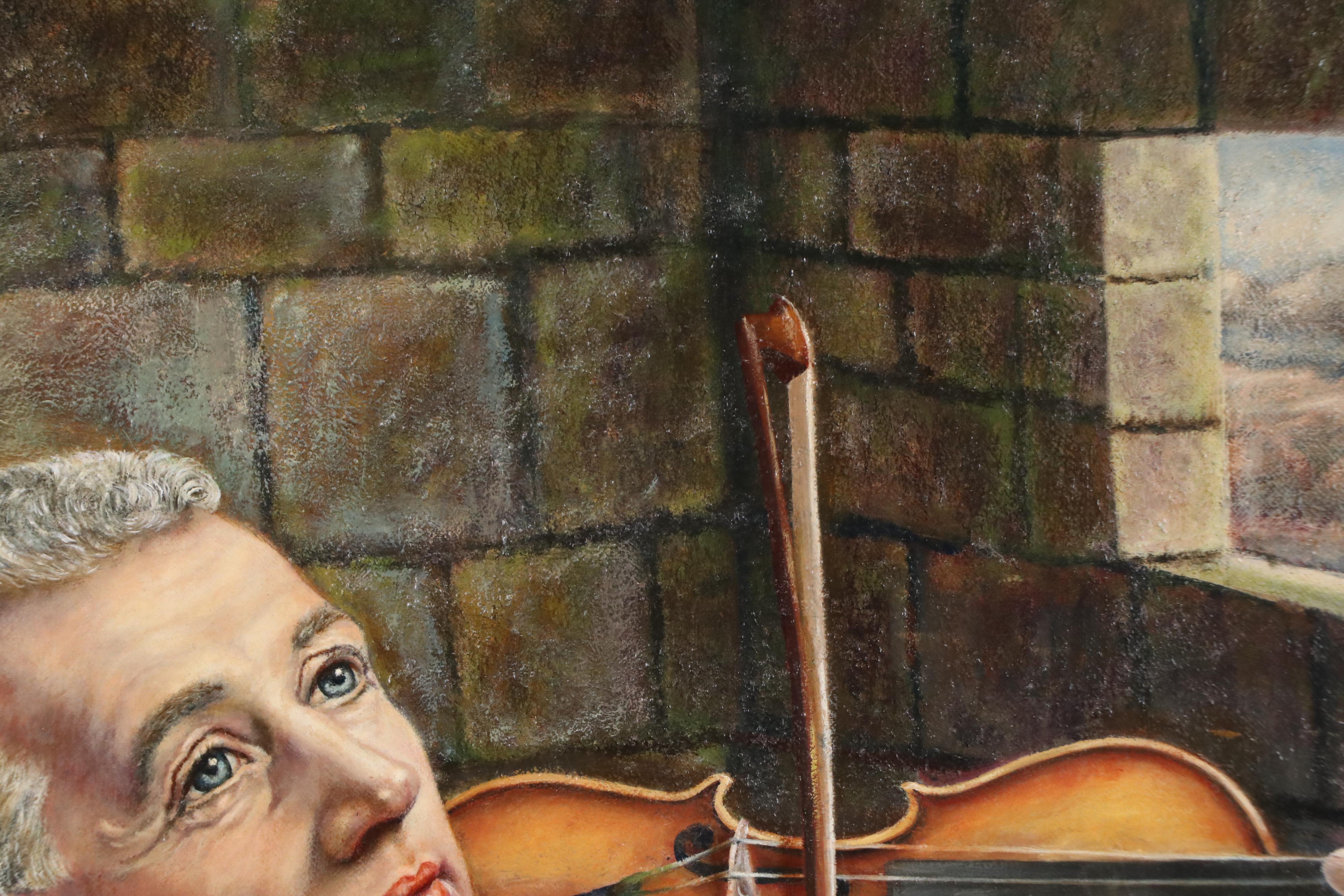 A. Cairns Oil Portrait Painting of Monk Playing Violin, 1963