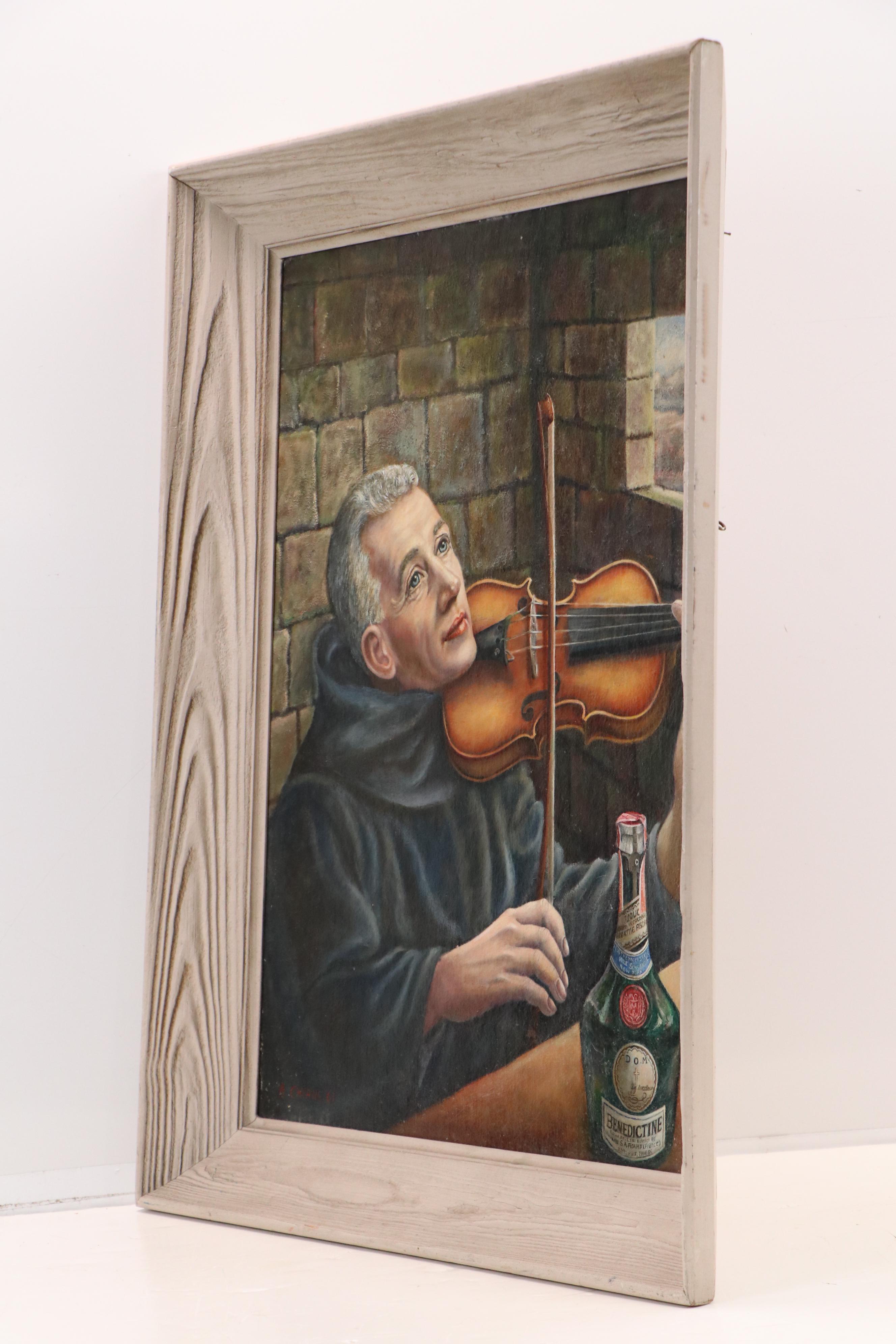 A. Cairns Oil Portrait Painting of Monk Playing Violin, 1963
