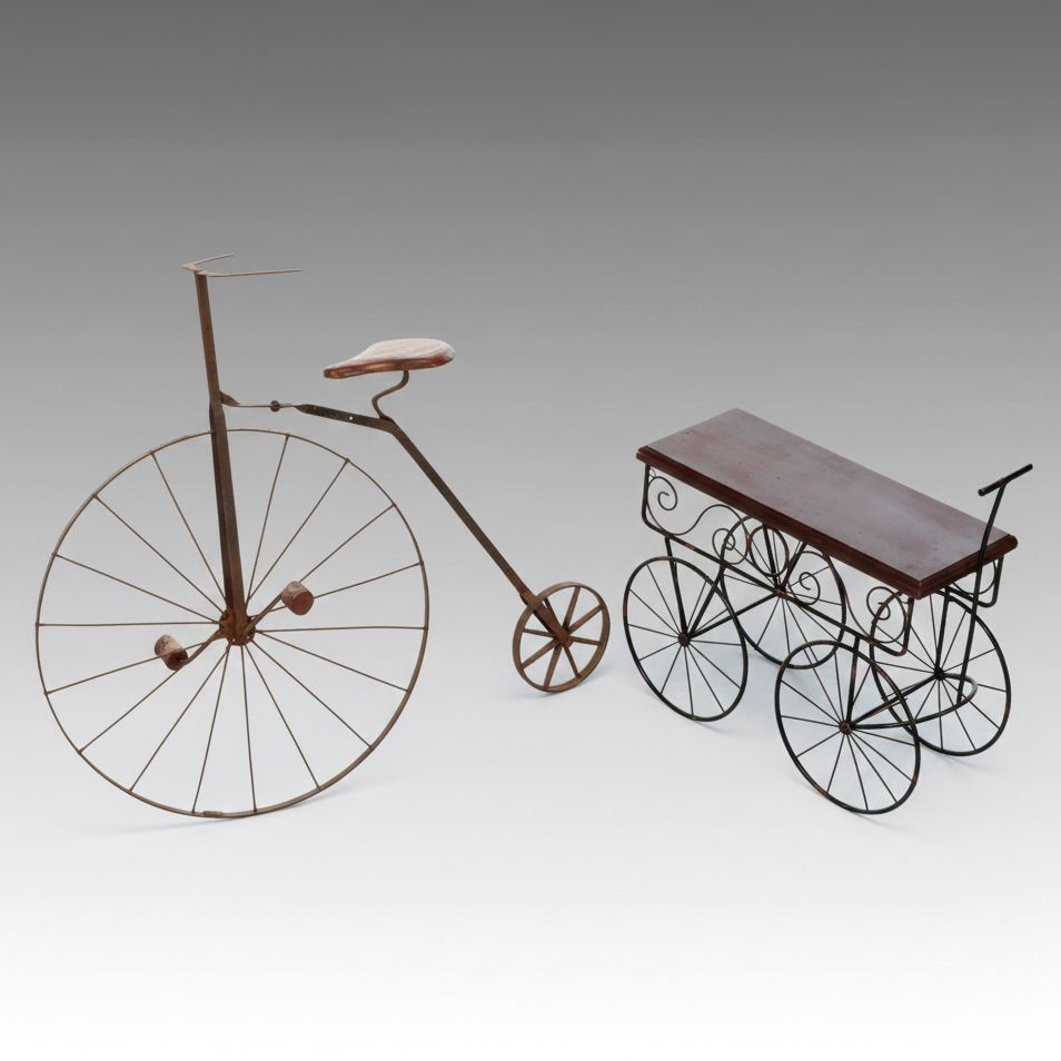 Decorative Victorian Style Metal Penny-Farthing Miniature Bicycle and Wagon