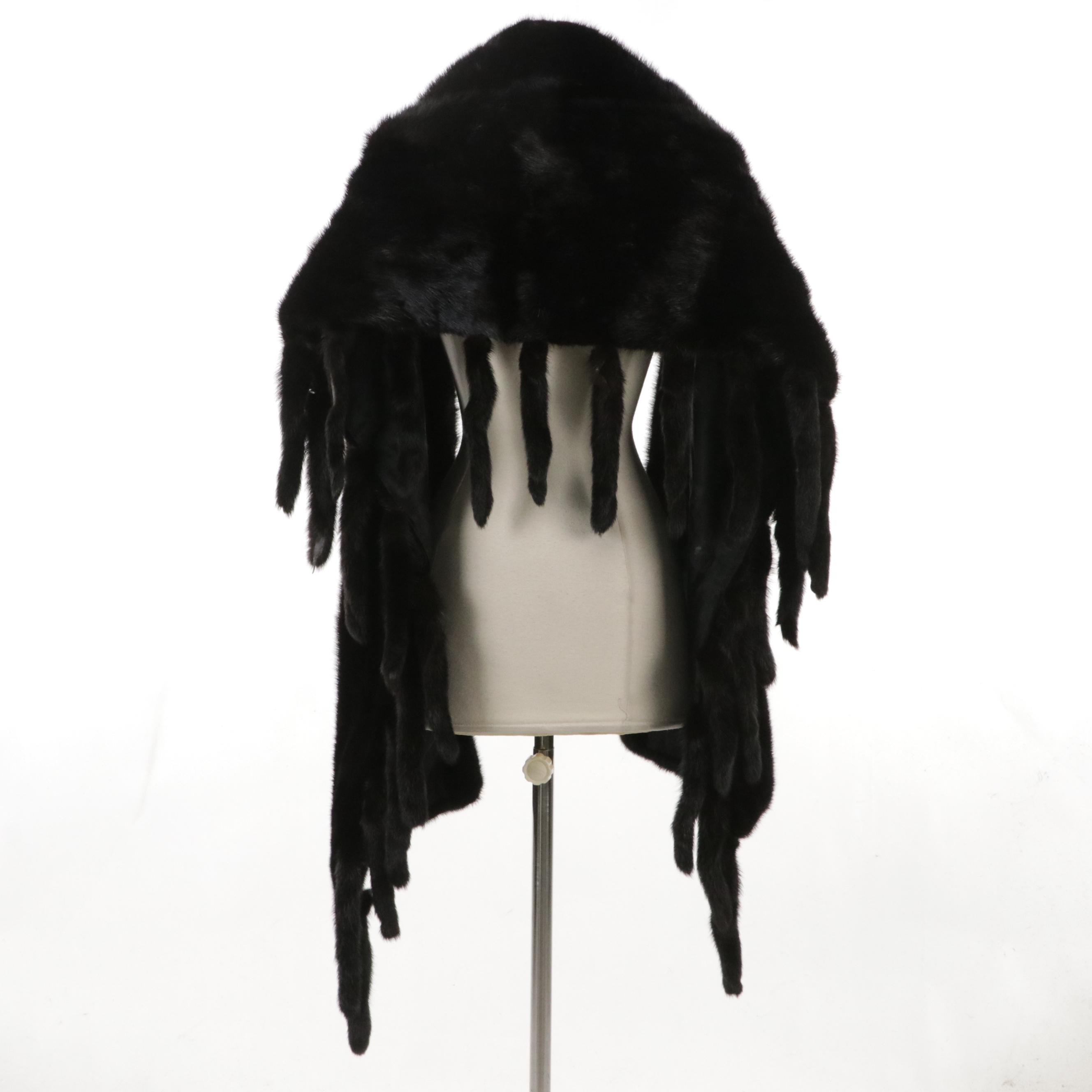 Black Mink Fur Opera Wrap Stole with Mink Tail Trim