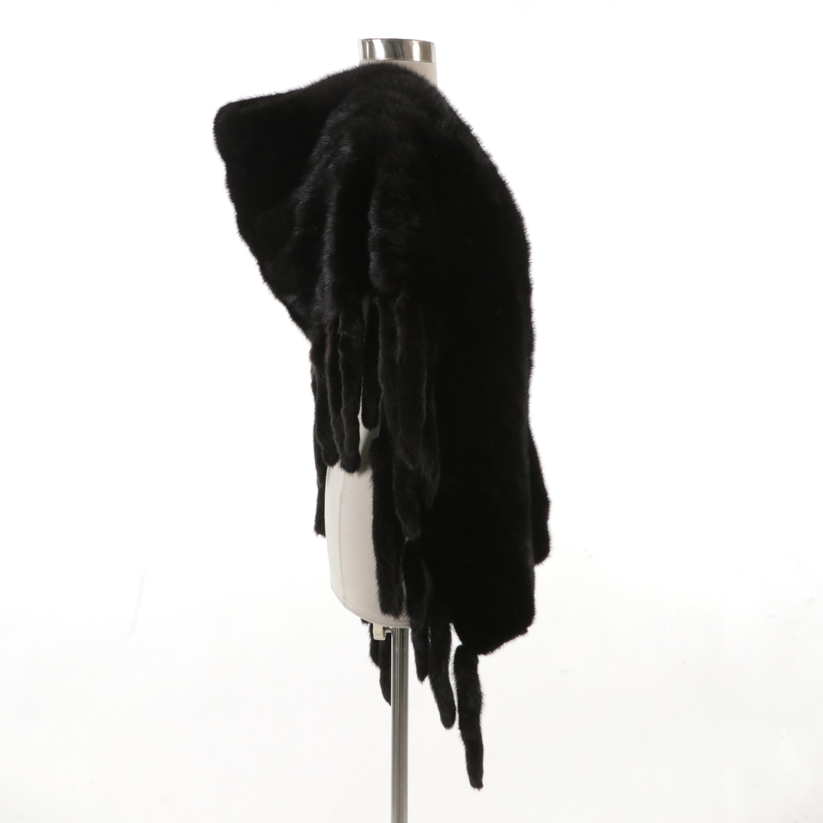Black Mink Fur Opera Wrap Stole with Mink Tail Trim