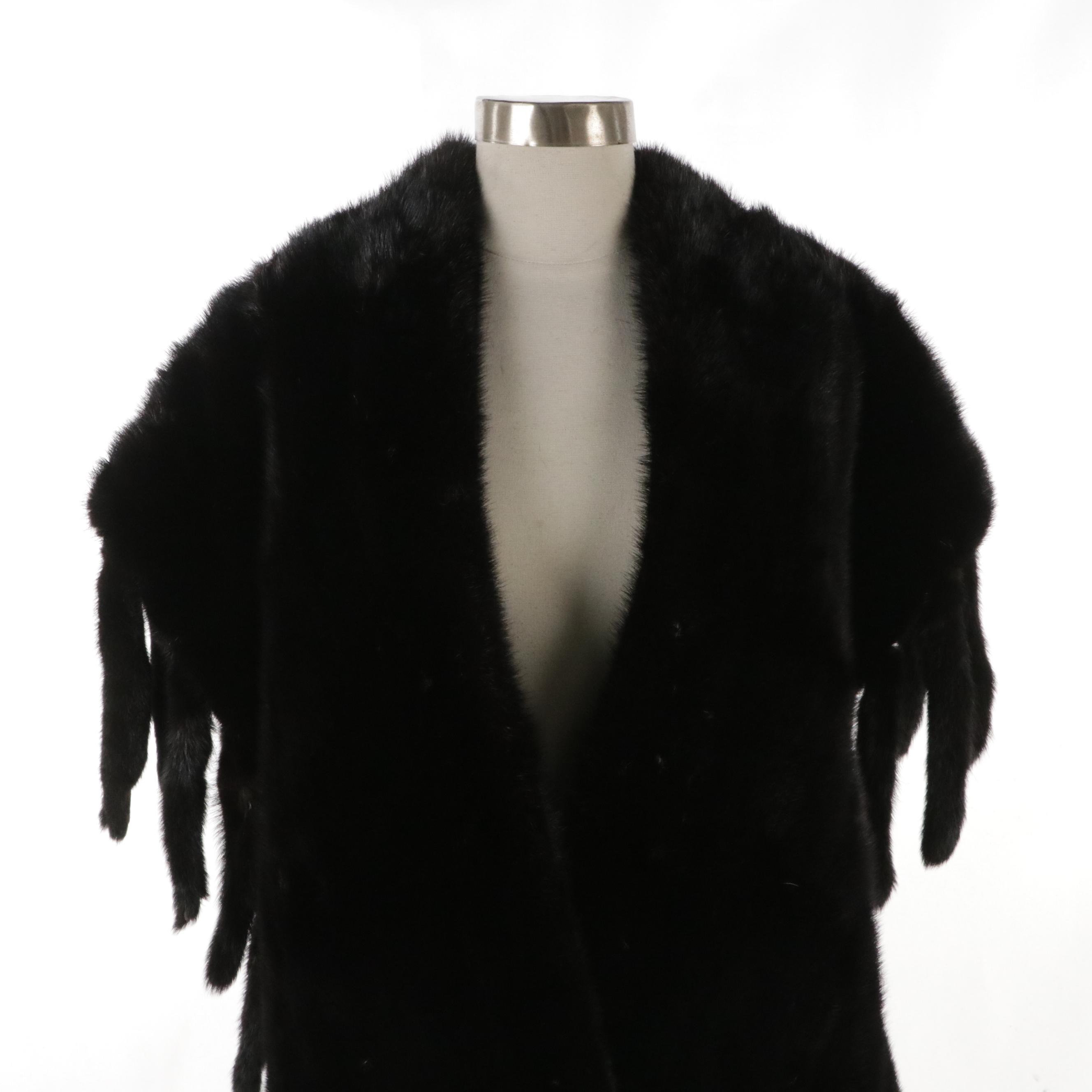 Black Mink Fur Opera Wrap Stole with Mink Tail Trim