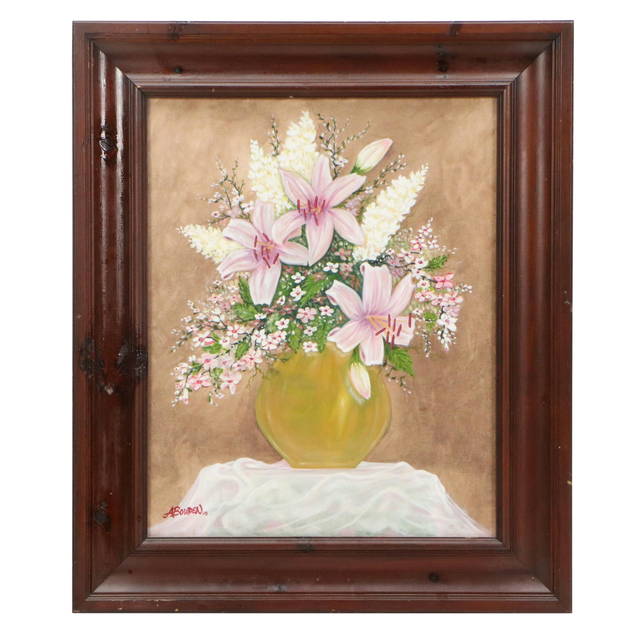 Floral Still Life Oil Painting of Pink Lilies and More, 2009