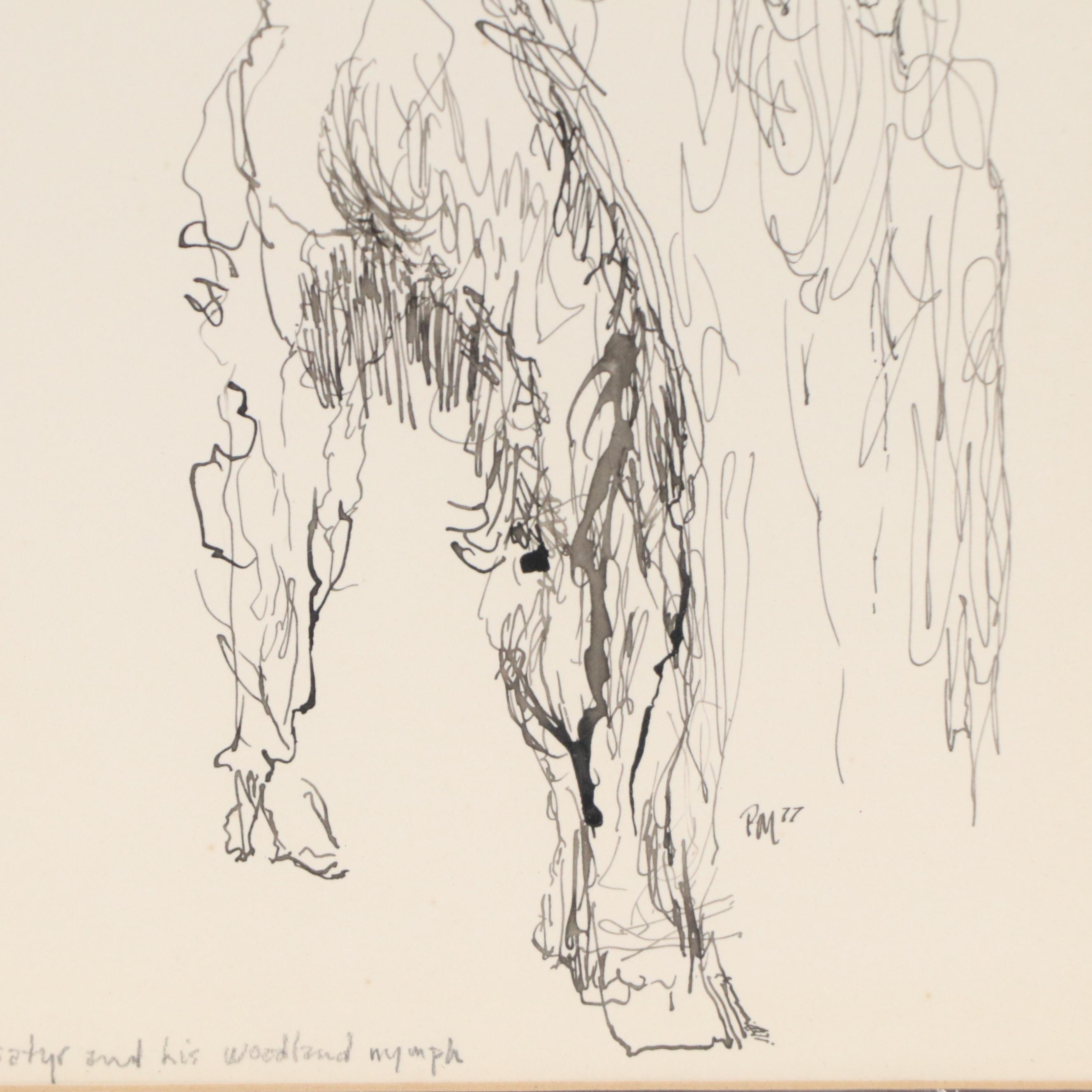 Pen and Ink Drawing "A Satyr and His Woodland Nymph," 1977