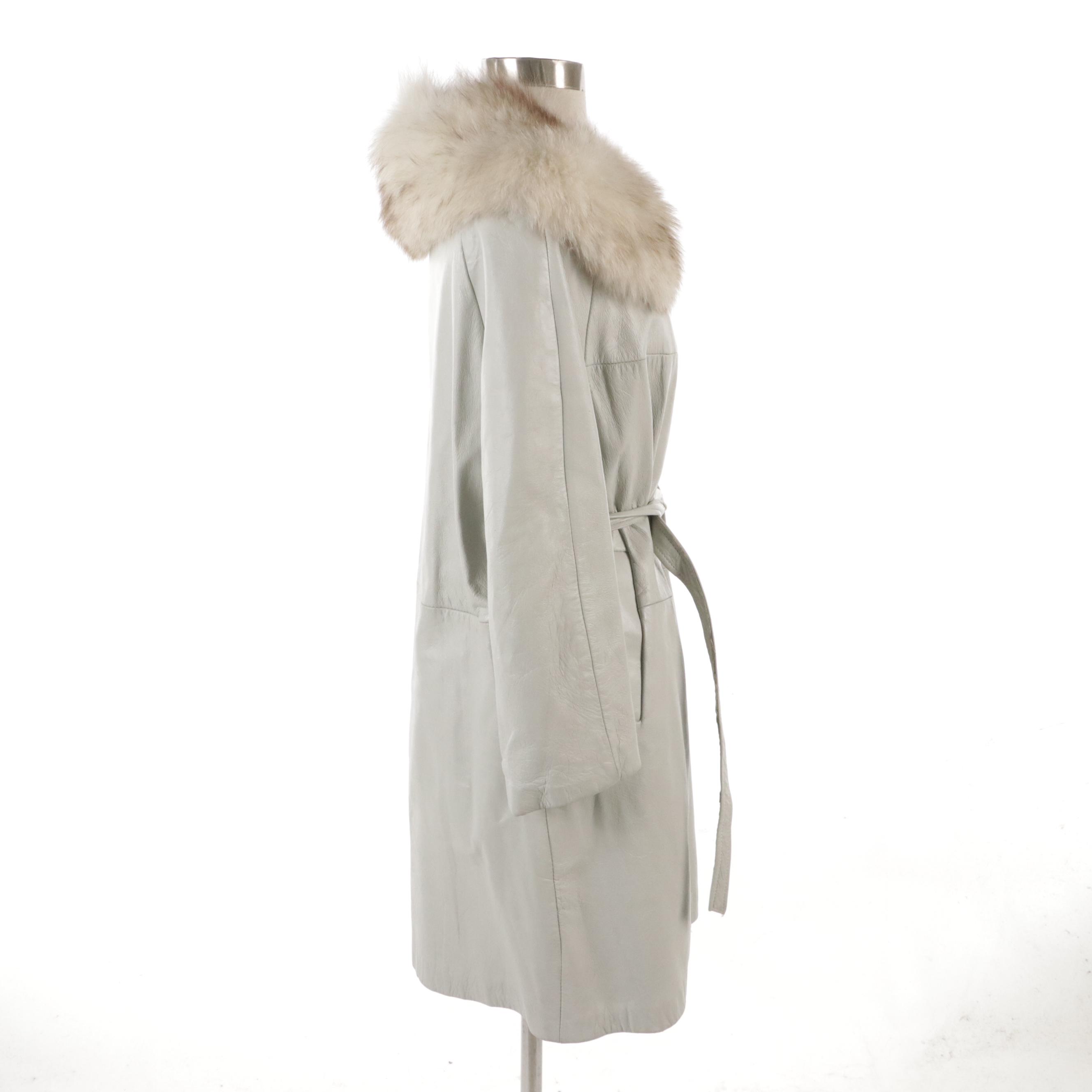 Leather Button-Front Coat with Fox Fur Collar with Tie Belt