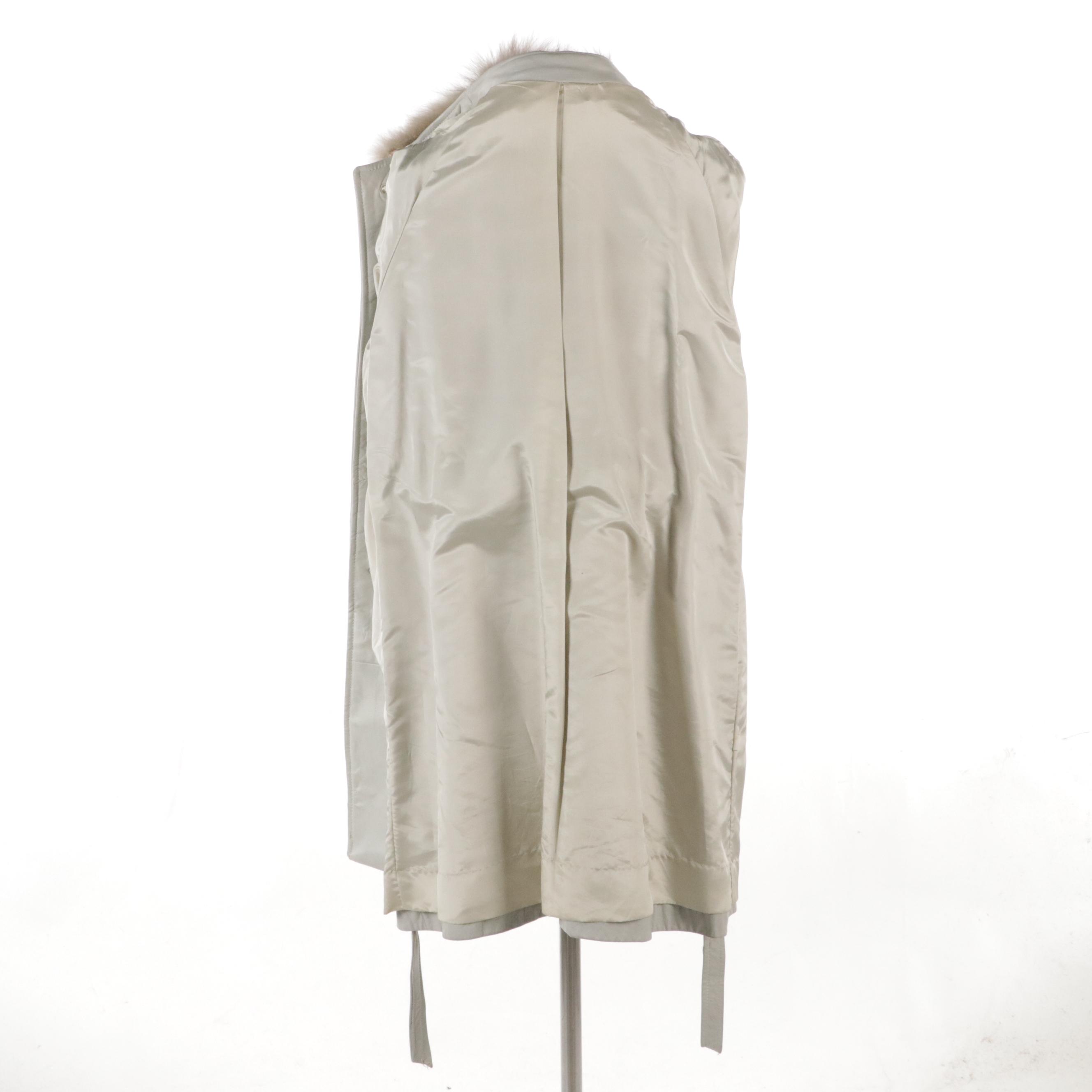 Leather Button-Front Coat with Fox Fur Collar with Tie Belt