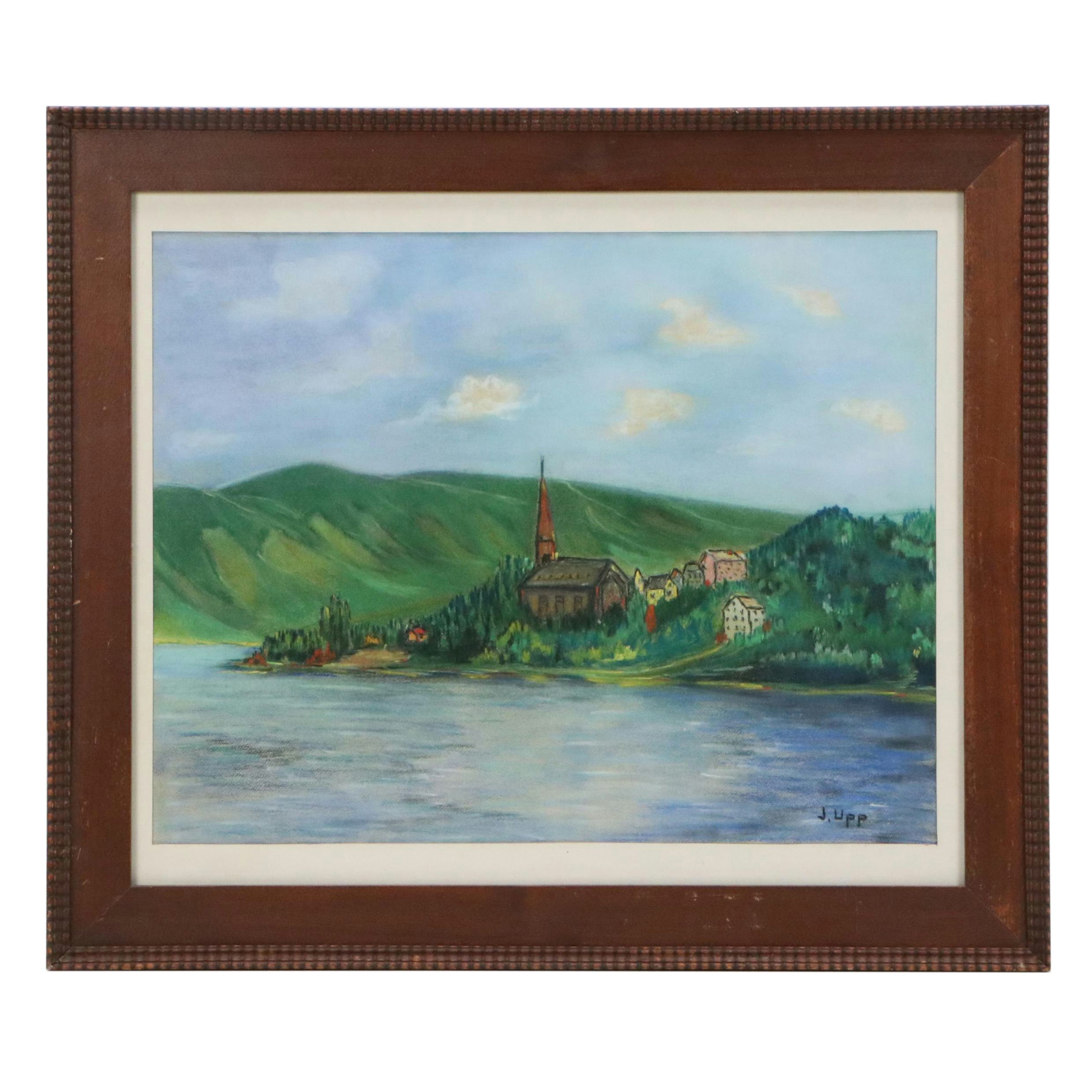 Mountainous River Landscape Chalk Pastel Drawing with Church Along Shoreline