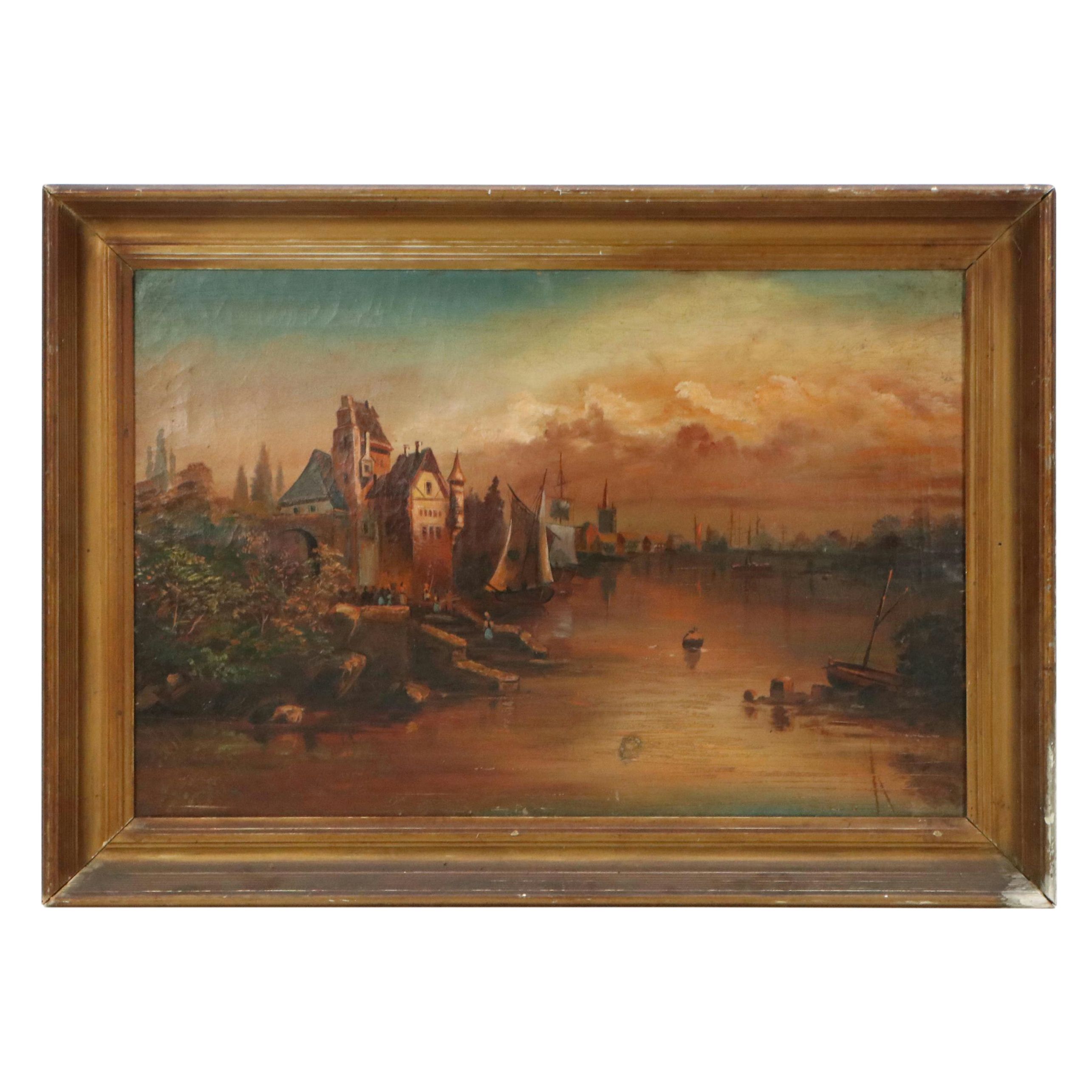 European Oil Painting of Port Scene, 19th Century