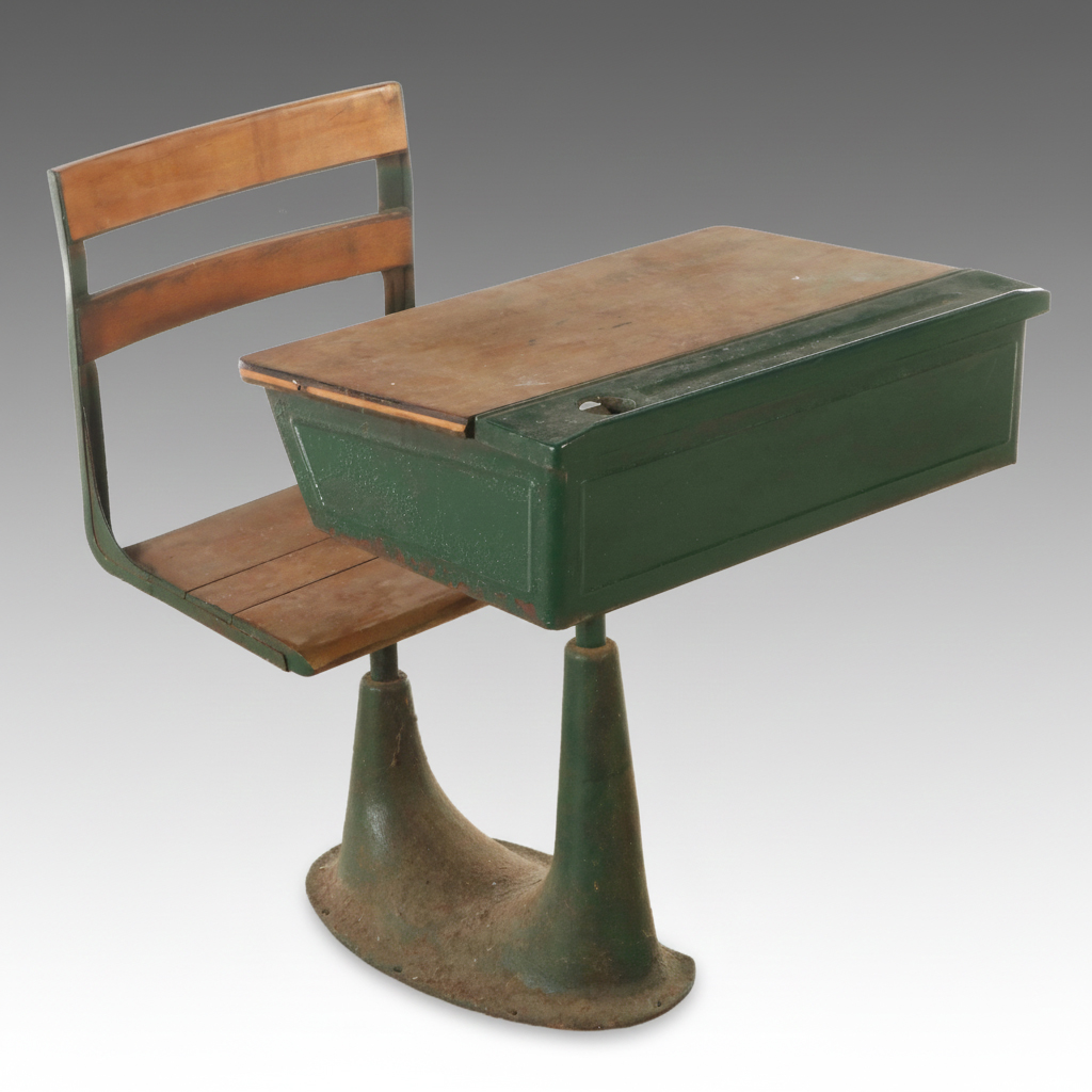 Vintage Metal and Wood School Desk, Early 20th Century