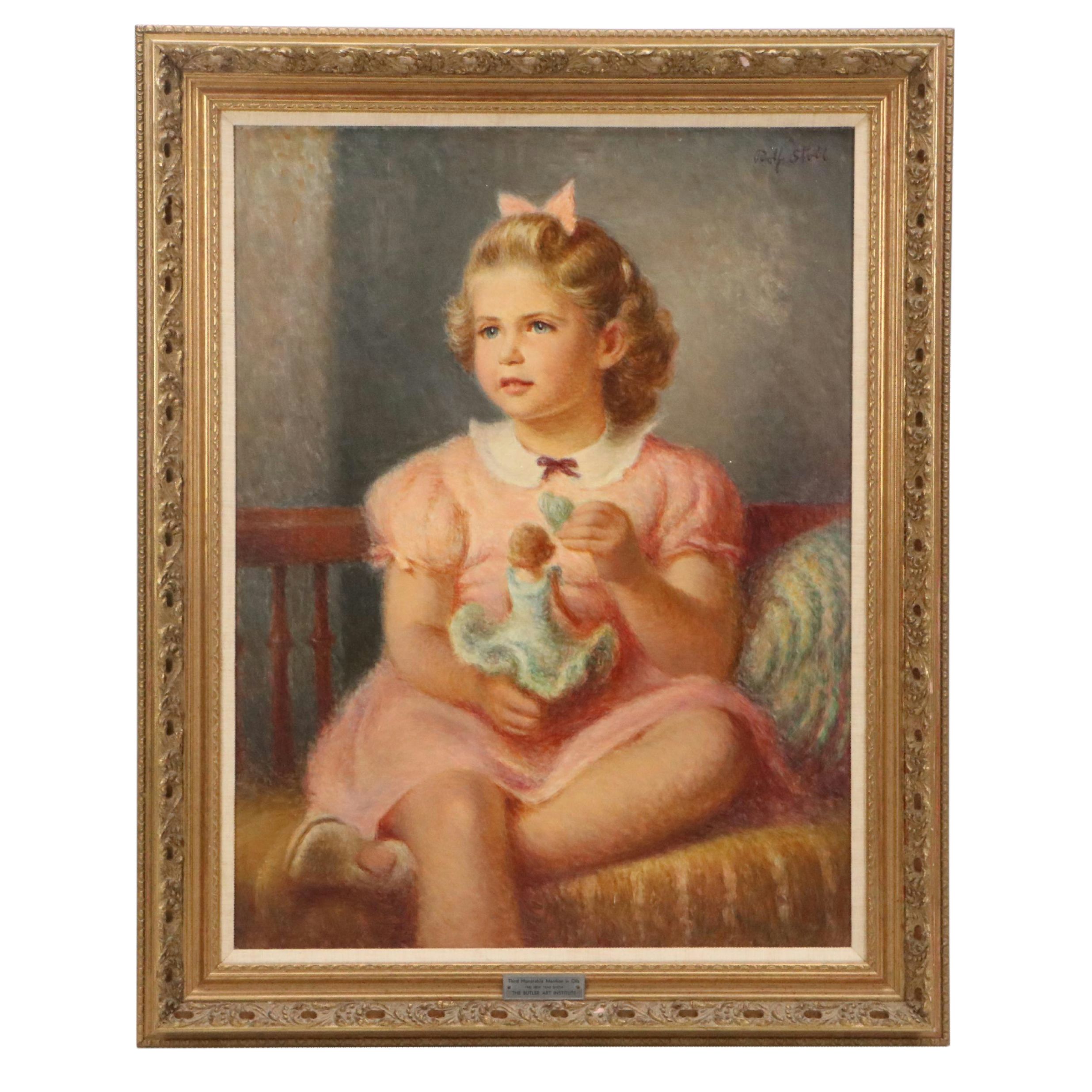 Rolf Stoll Portrait Oil Painting of Seated Young Girl with Toy "Sheila"
