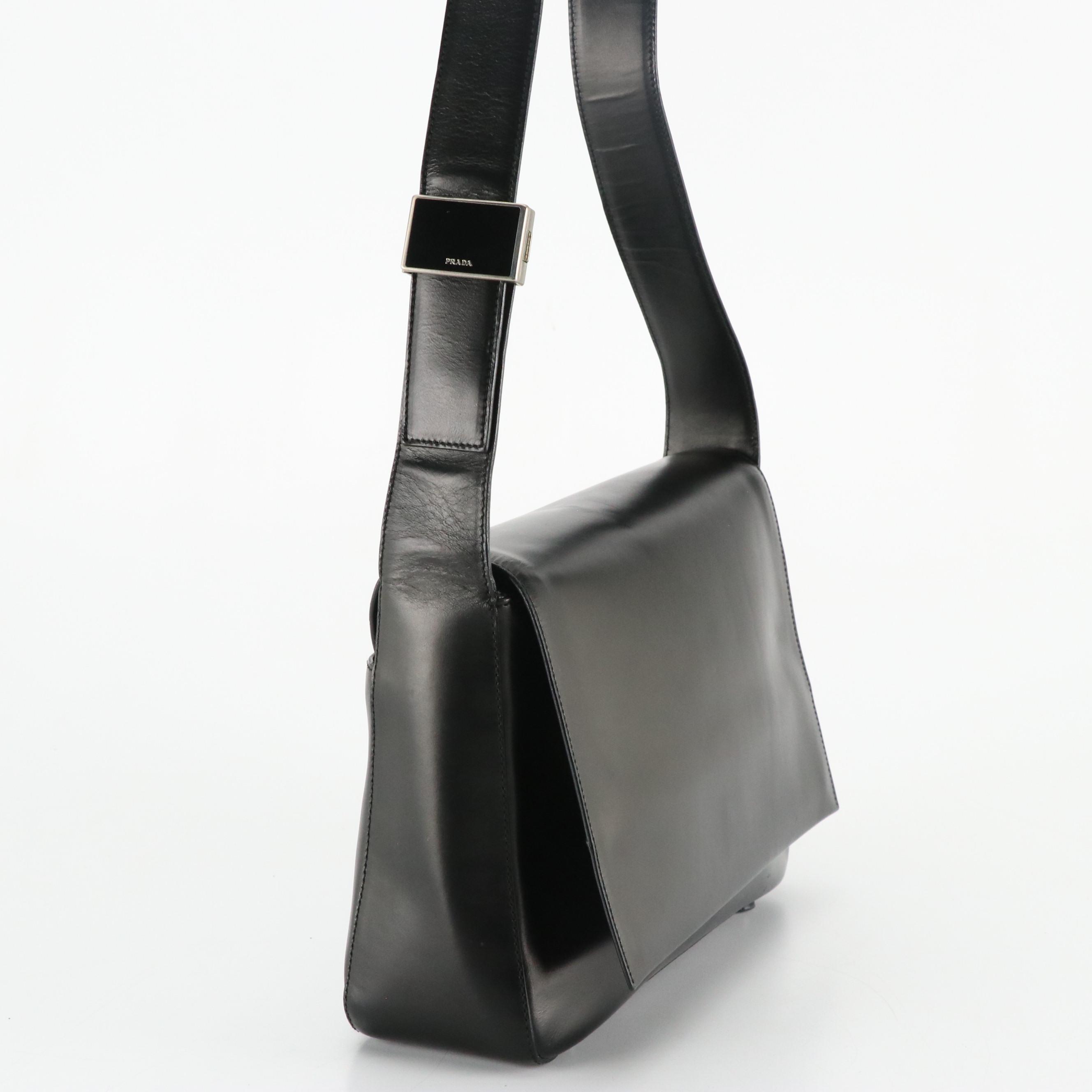 Prada Black Calfskin Leather Front-Flap Shoulder Bag