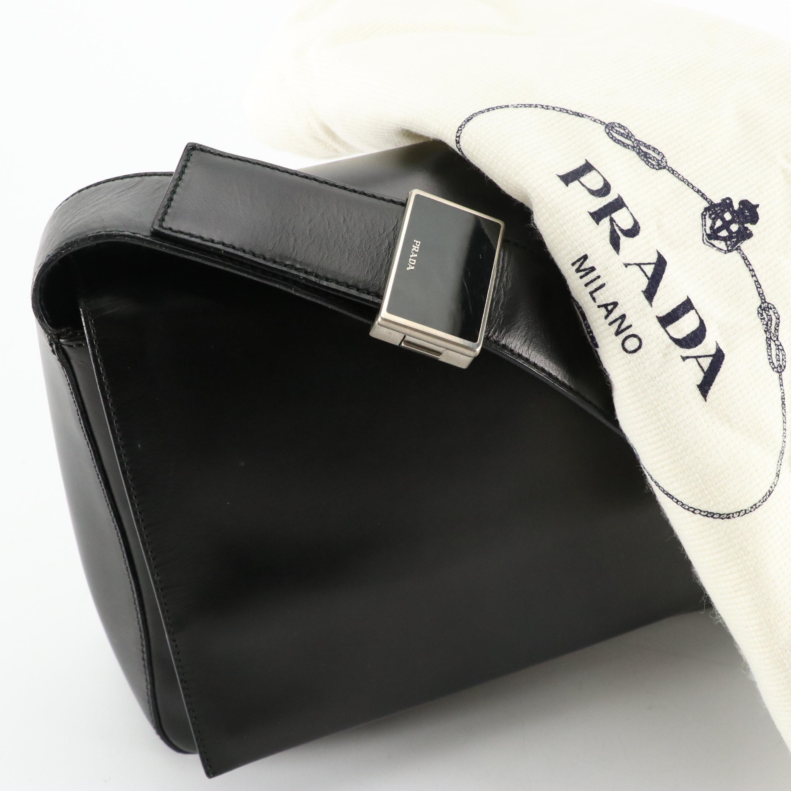 Prada Black Calfskin Leather Front-Flap Shoulder Bag