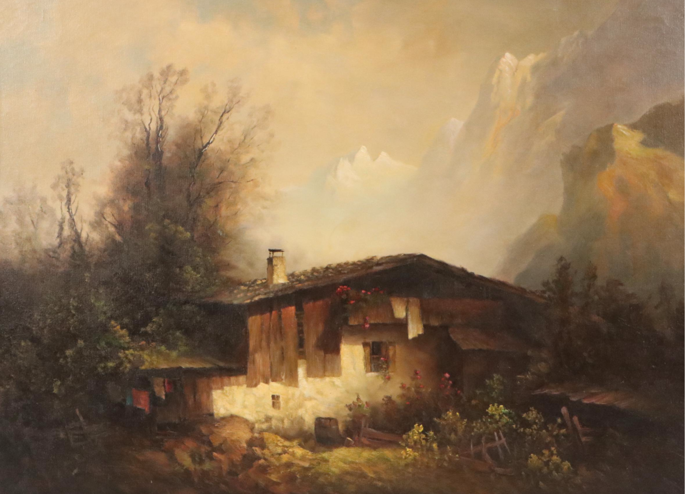 W. Gumann Landscape Oil Painting of Cottage in Wild