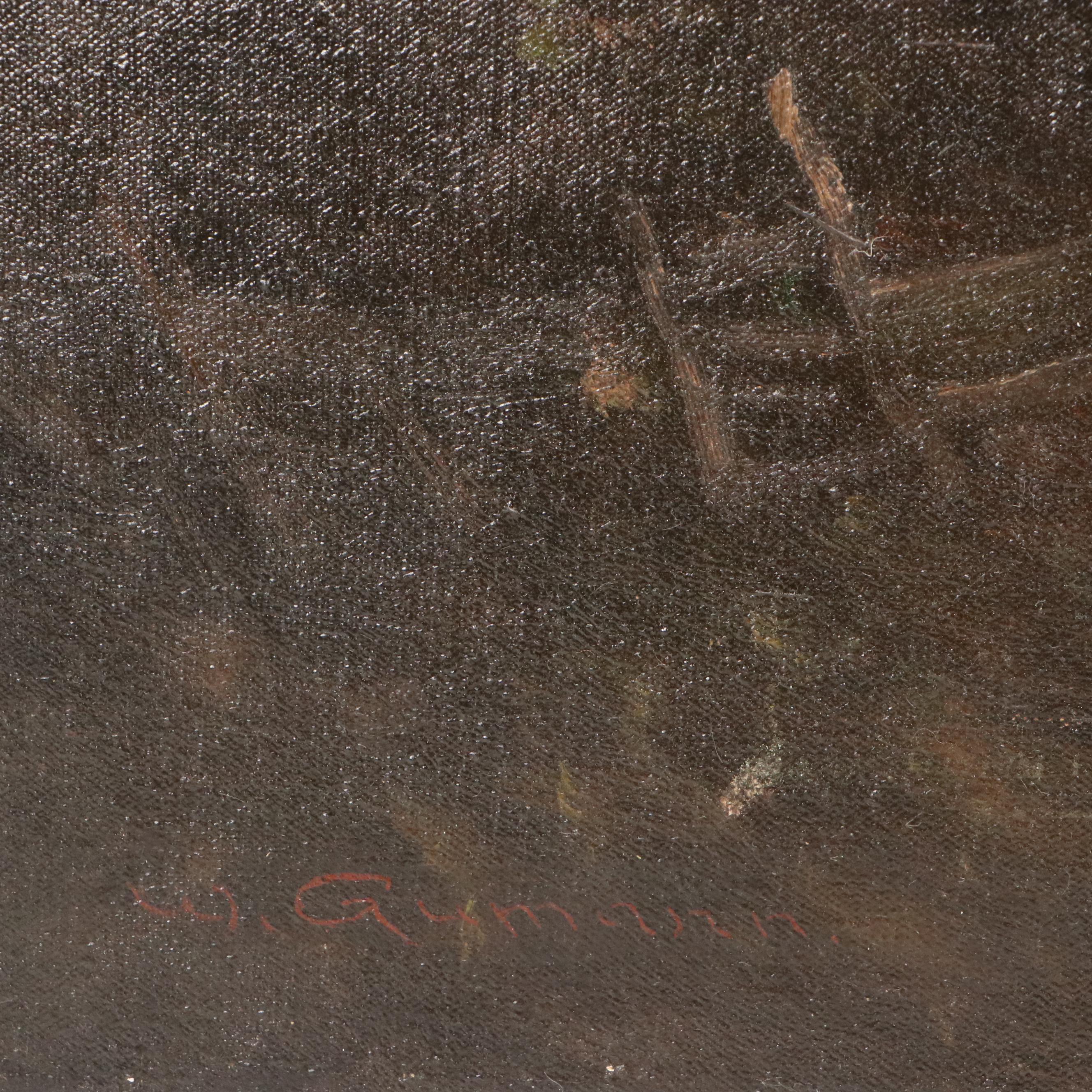 W. Gumann Landscape Oil Painting of Cottage in Wild