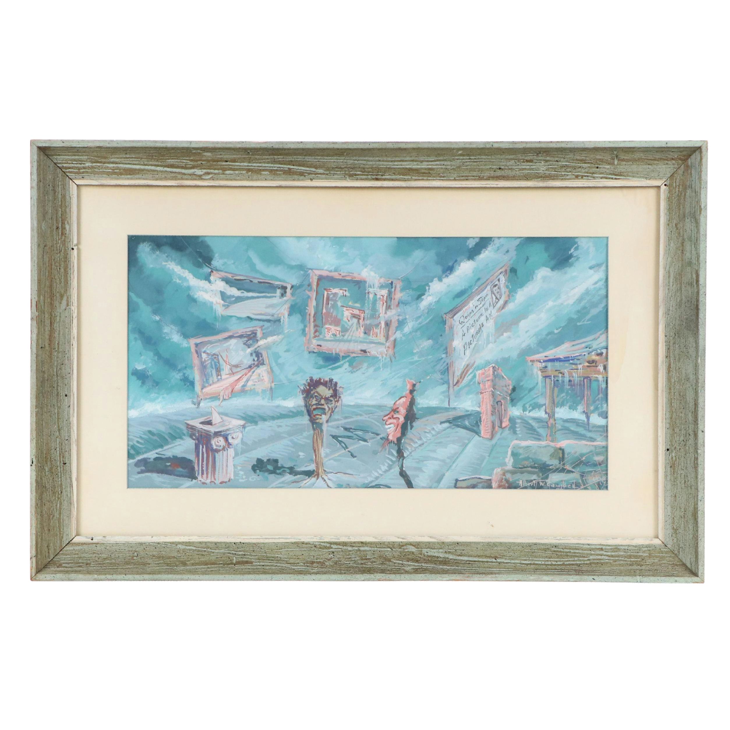 Albert W. Campbell Surrealist Style Watercolor and Goauche Painting