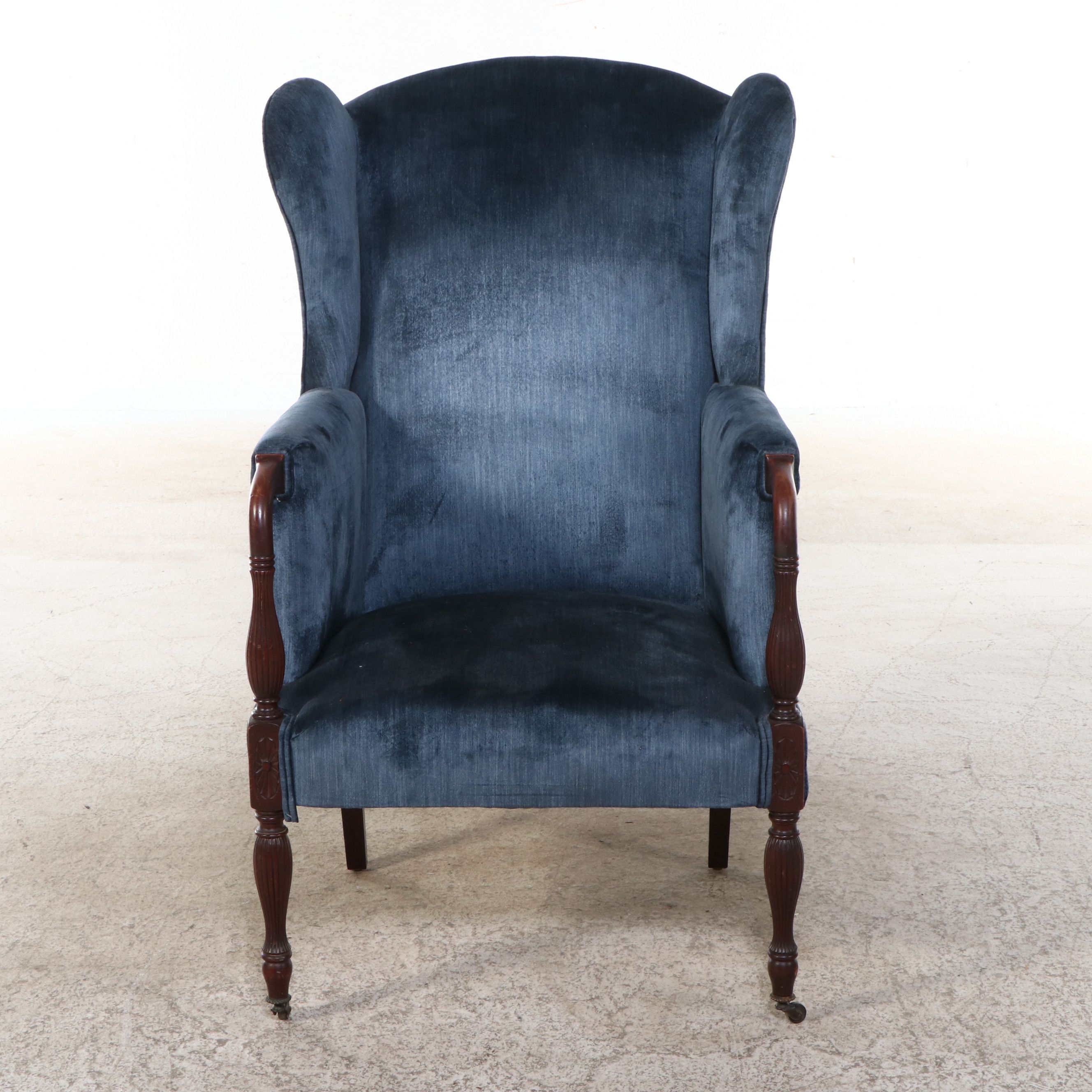 American Sheraton Carved Mahogany Wing Chair, 19th Century