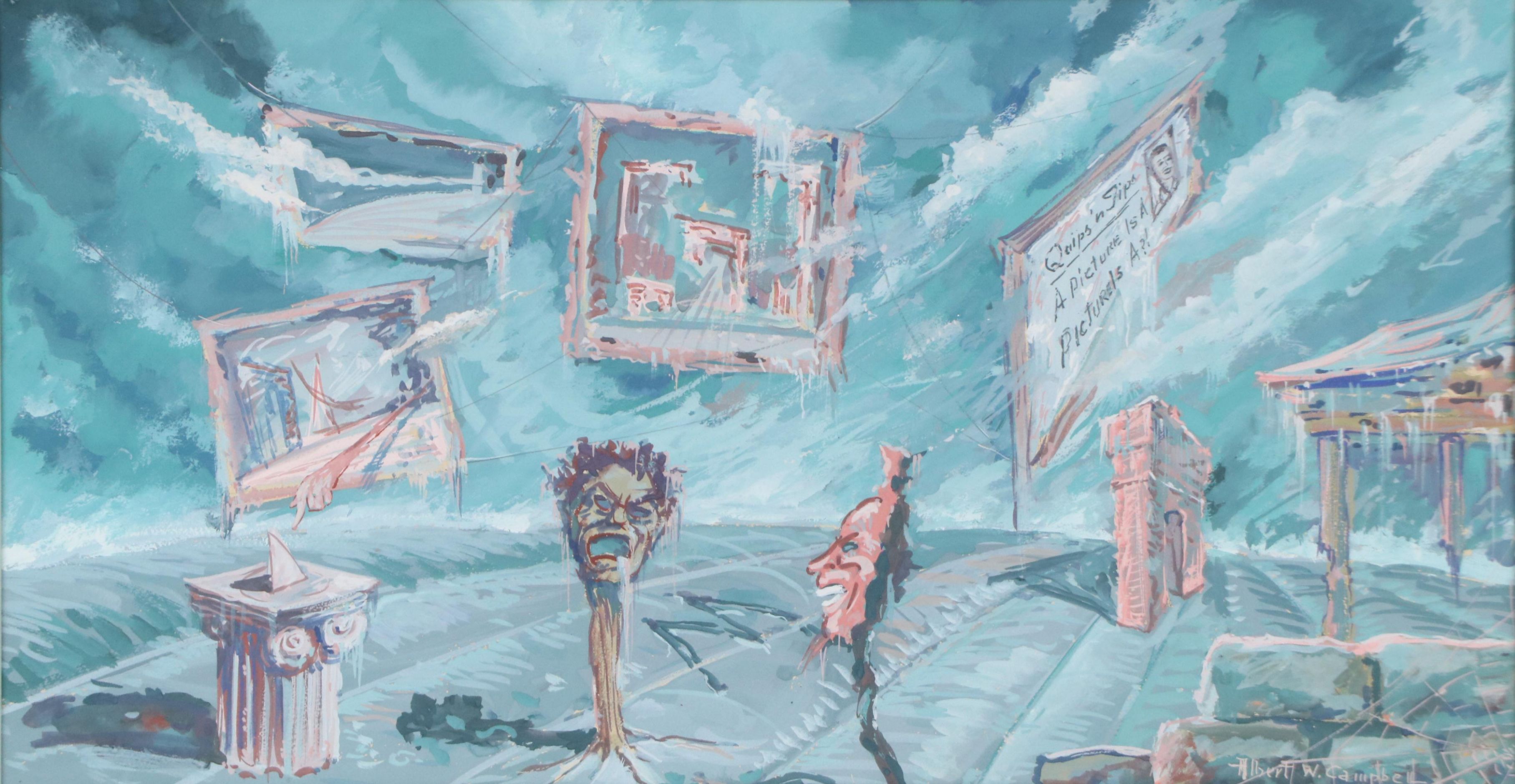 Albert W. Campbell Surrealist Style Watercolor and Goauche Painting