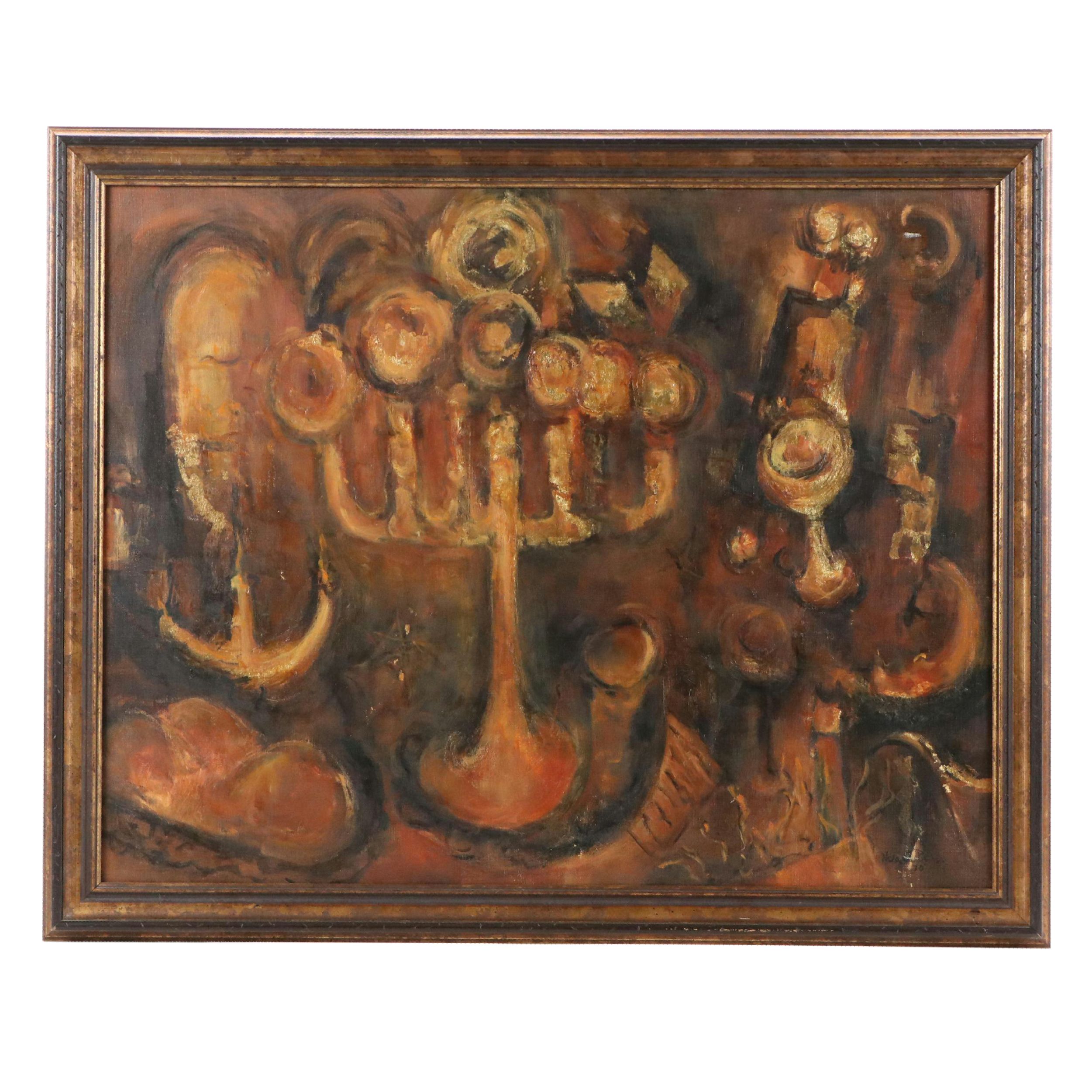 Judaica Still Life Scene Oil Painting, Mid-20th Century