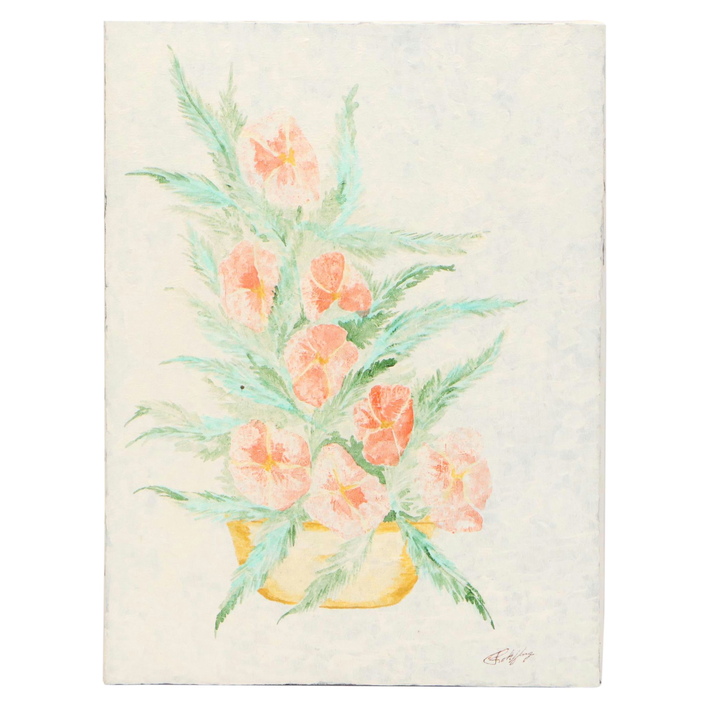 Acrylic Painting of Potted Pink Flowers, Late 20th Century