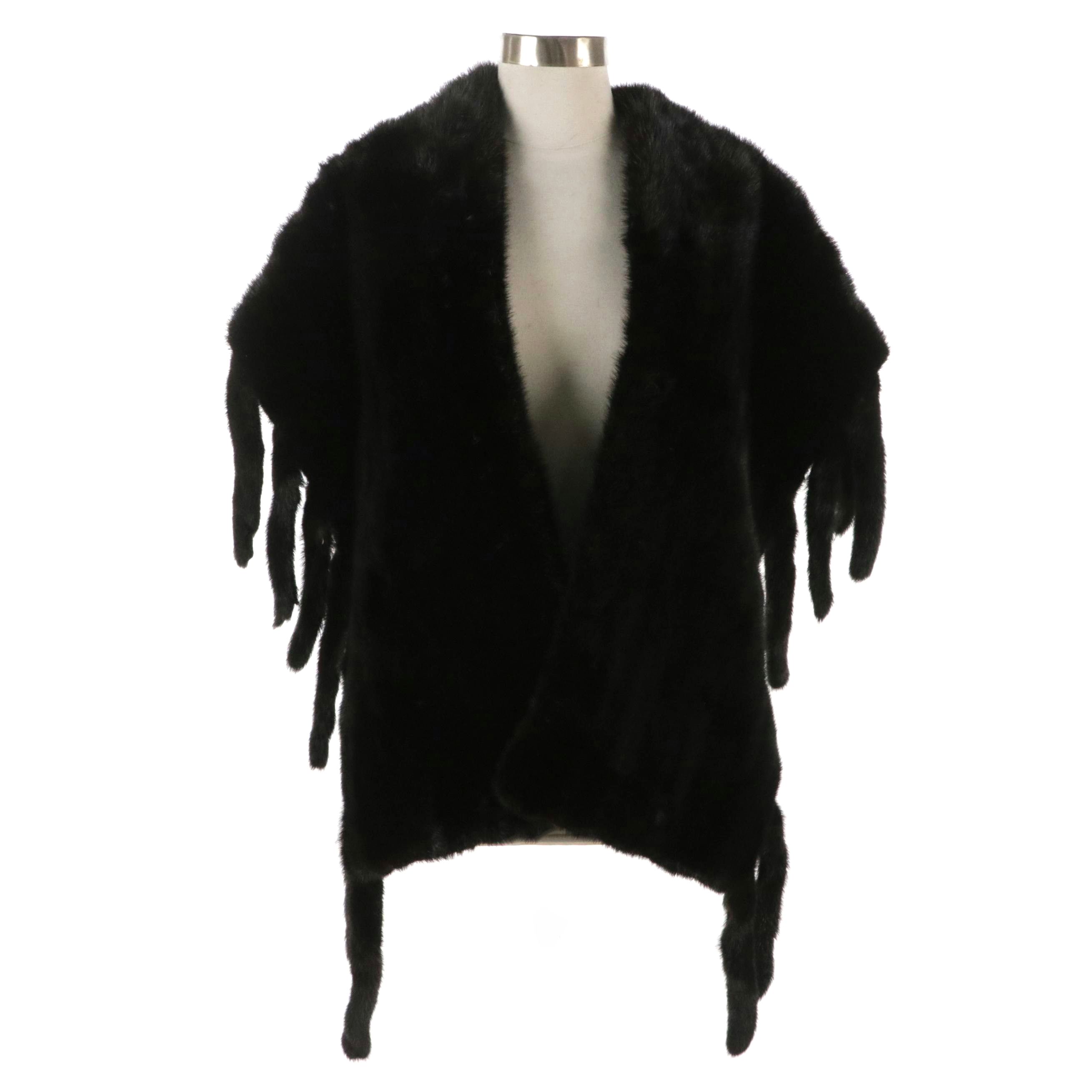 Black Mink Fur Opera Wrap Stole with Mink Tail Trim