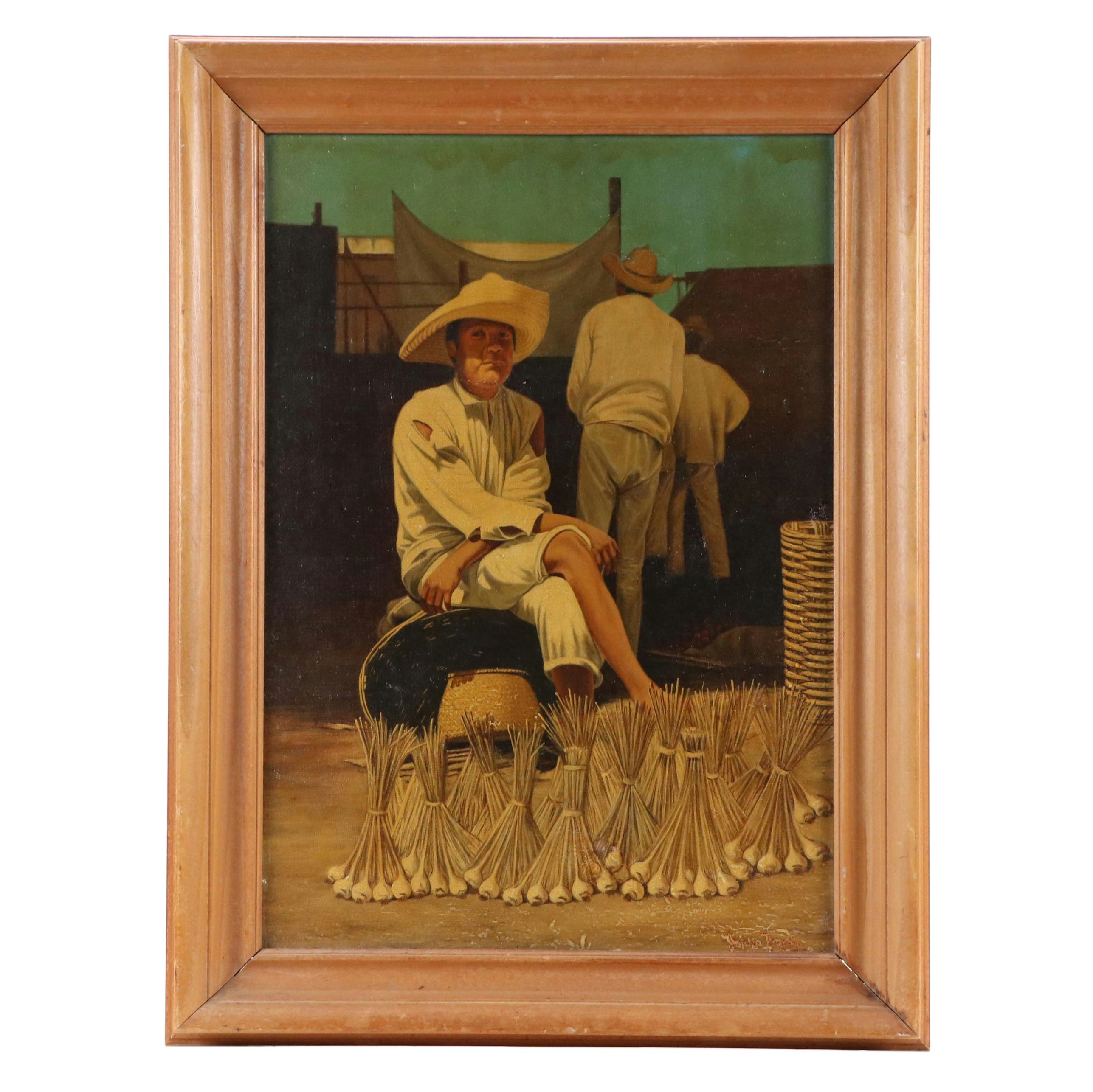 Latin American Genre Scene Oil Painting of Garlic Merchant, Circa 1940