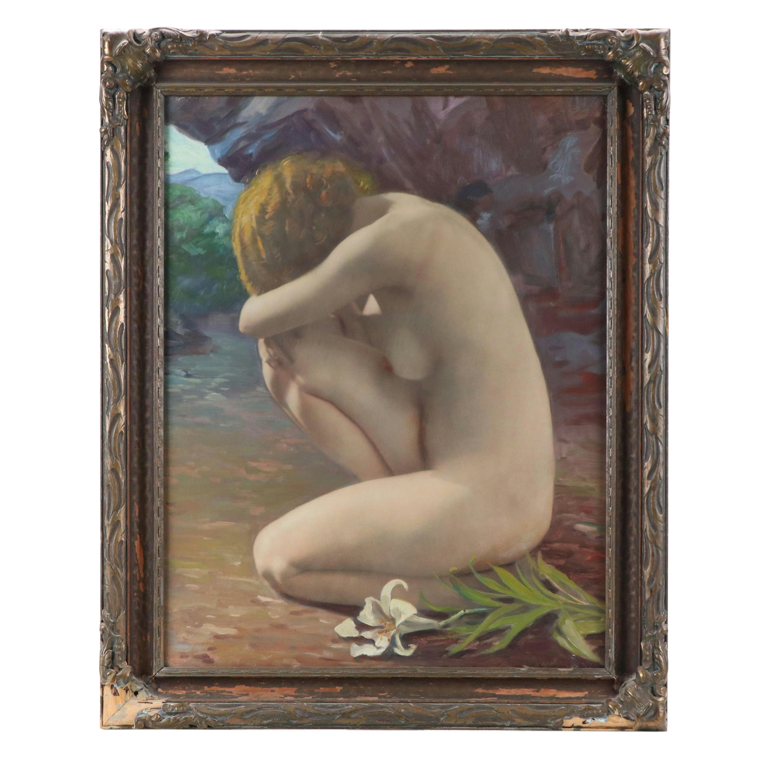 Oil Painting on Photomechanical Print of Kneeling Female Nude