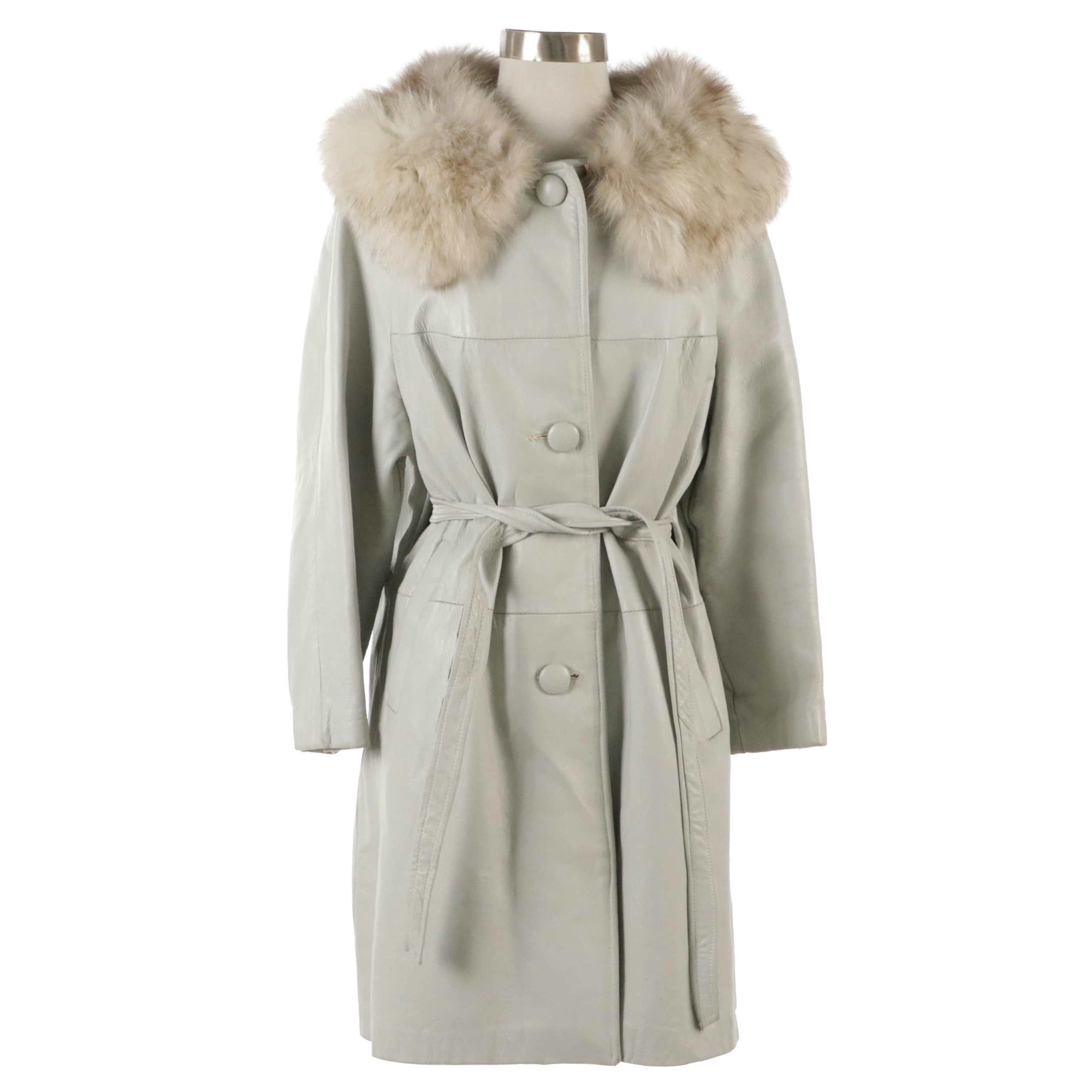 Leather Button-Front Coat with Fox Fur Collar with Tie Belt