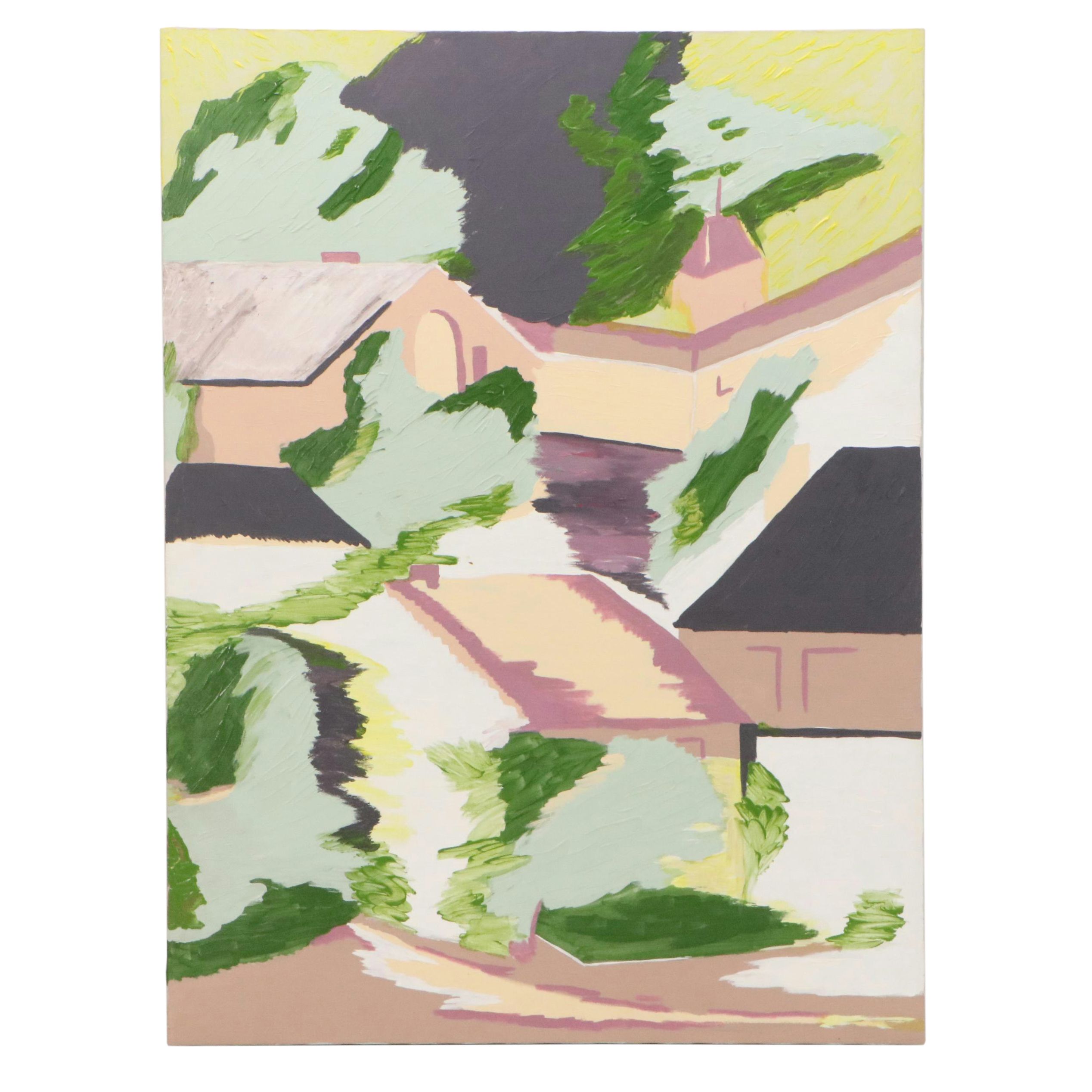 Abstract Acrylic Painting with Architectural Forms, Late 20th to 21st Century