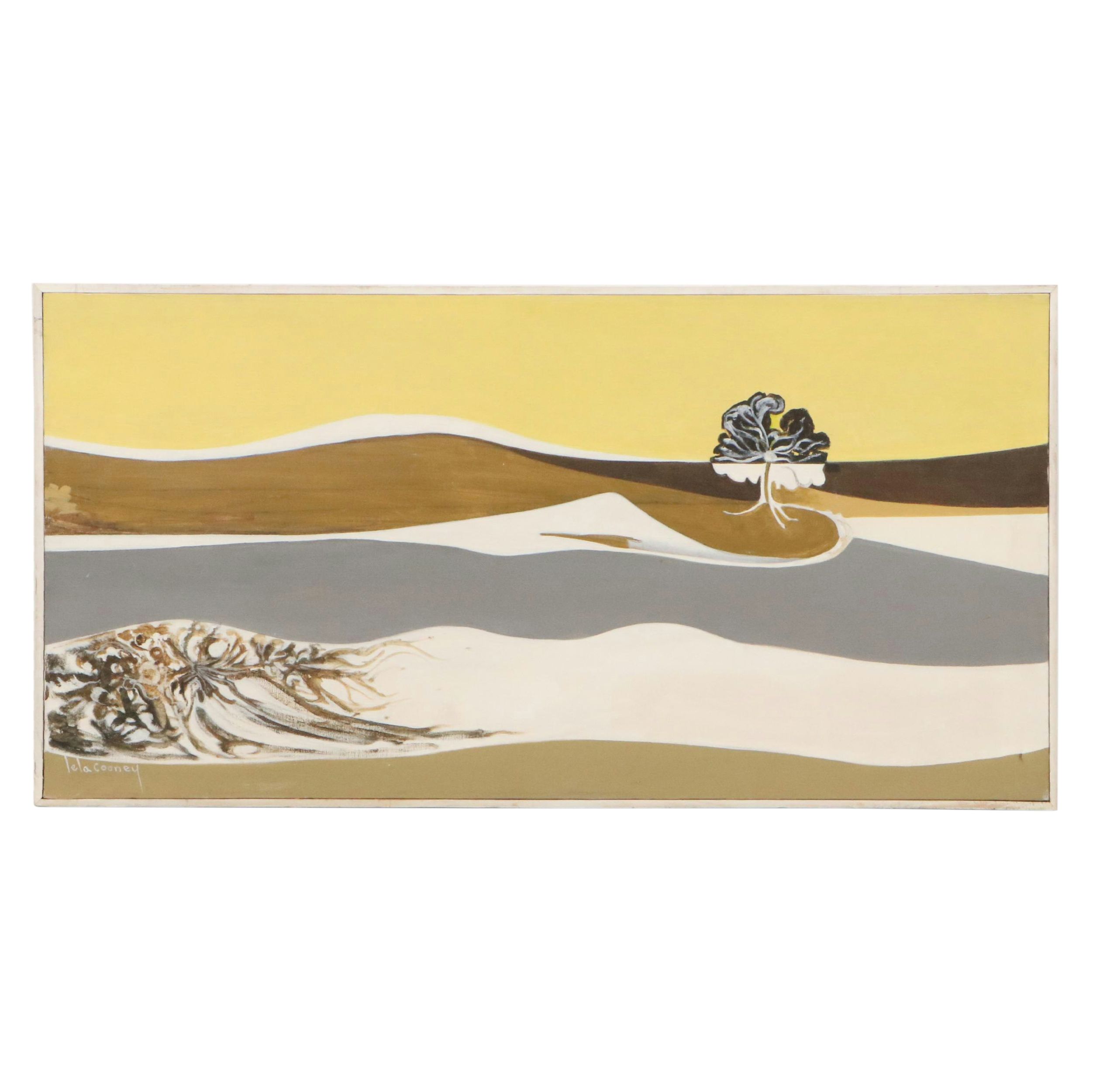 Lela Cooney Acrylic Painting of Stylized Landscape, Late 20th Century